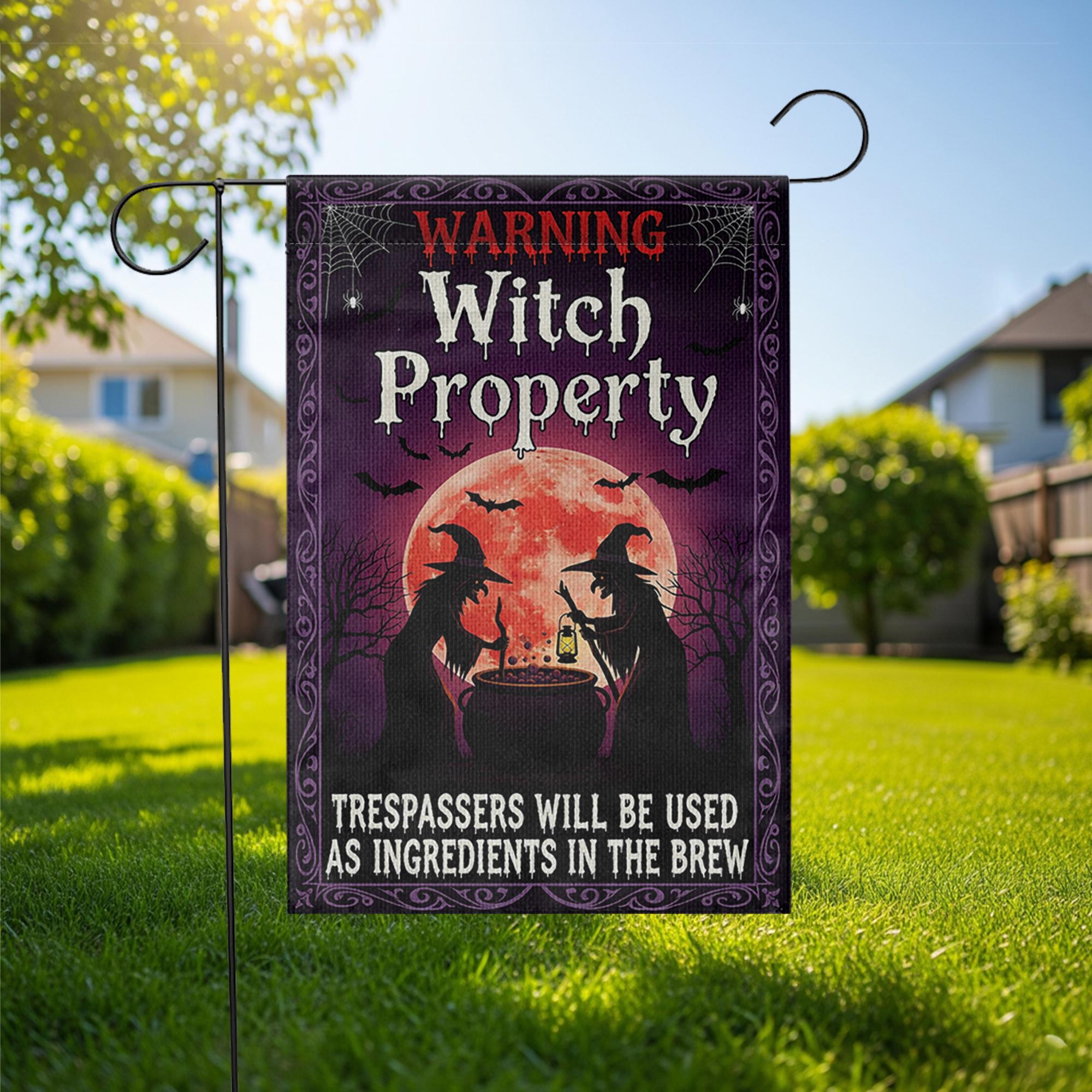 Witch Property Garden Flag, Funny Halloween Yard Sign, Trespassers Will Be Ingredients Porch Decor, Spooky Gothic Witch Banner
