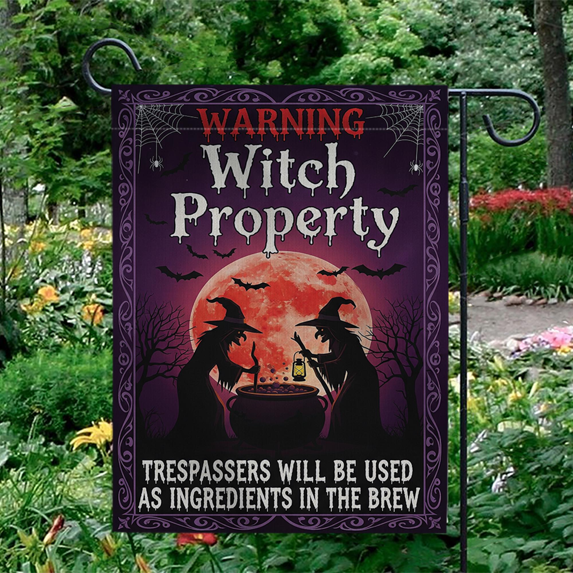 Witch Property Garden Flag, Funny Halloween Yard Sign, Trespassers Will Be Ingredients Porch Decor, Spooky Gothic Witch Banner