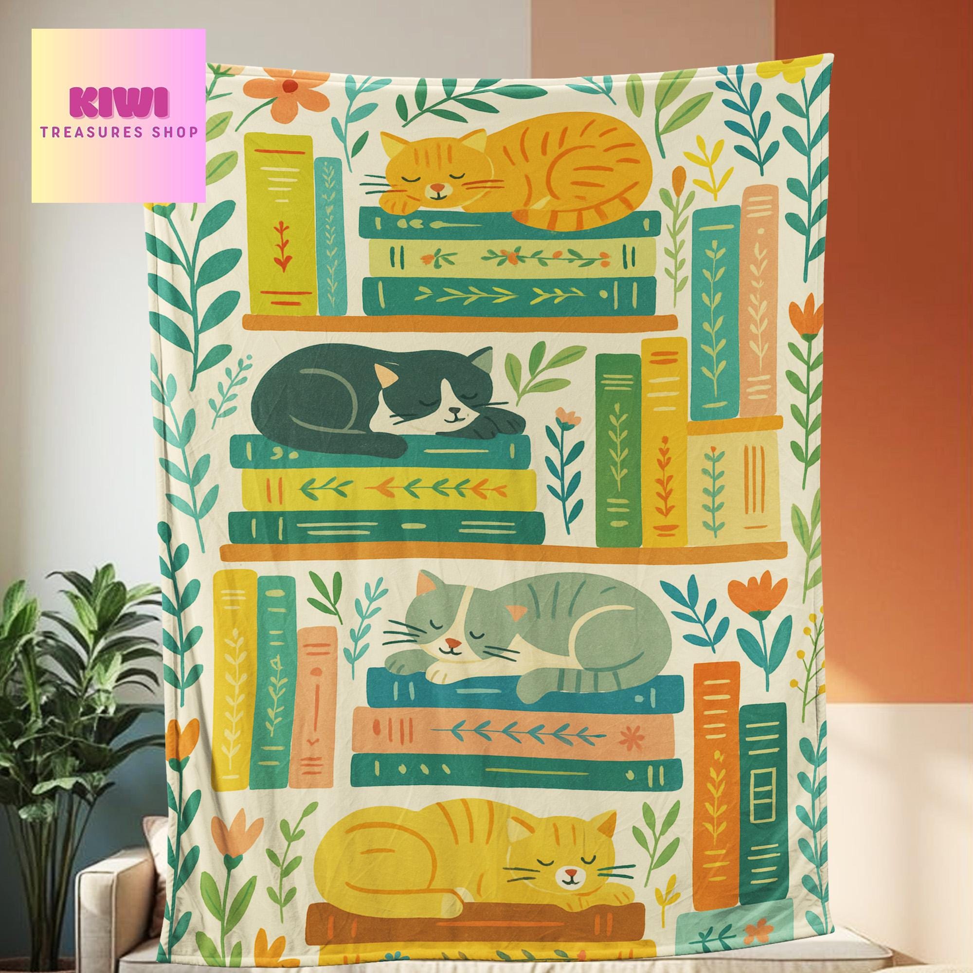 Cute Cat Book Blanket, Cozy Fleece Throw for Book Lovers, Sleeping Cats and Bookshelf Decor, Reader Gift, Literary Cat Blanket