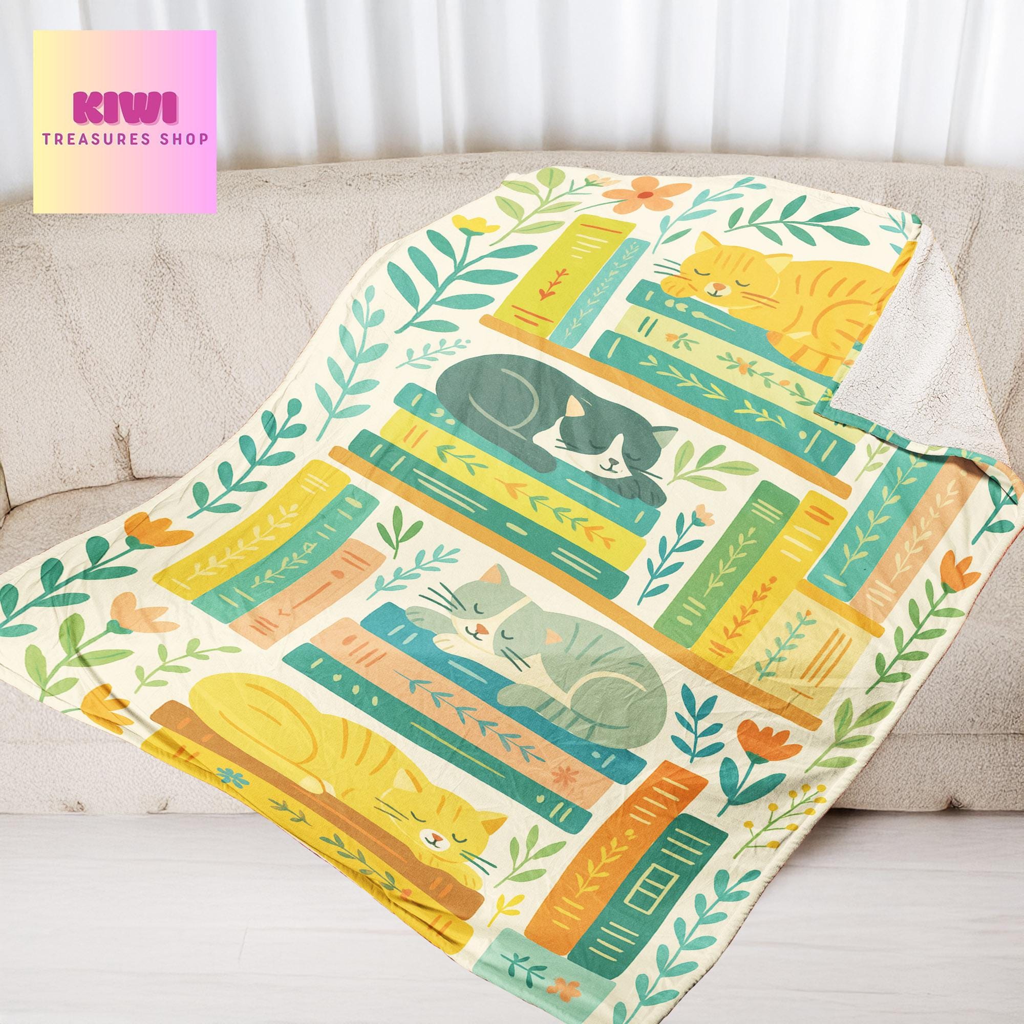 Cute Cat Book Blanket, Cozy Fleece Throw for Book Lovers, Sleeping Cats and Bookshelf Decor, Reader Gift, Literary Cat Blanket
