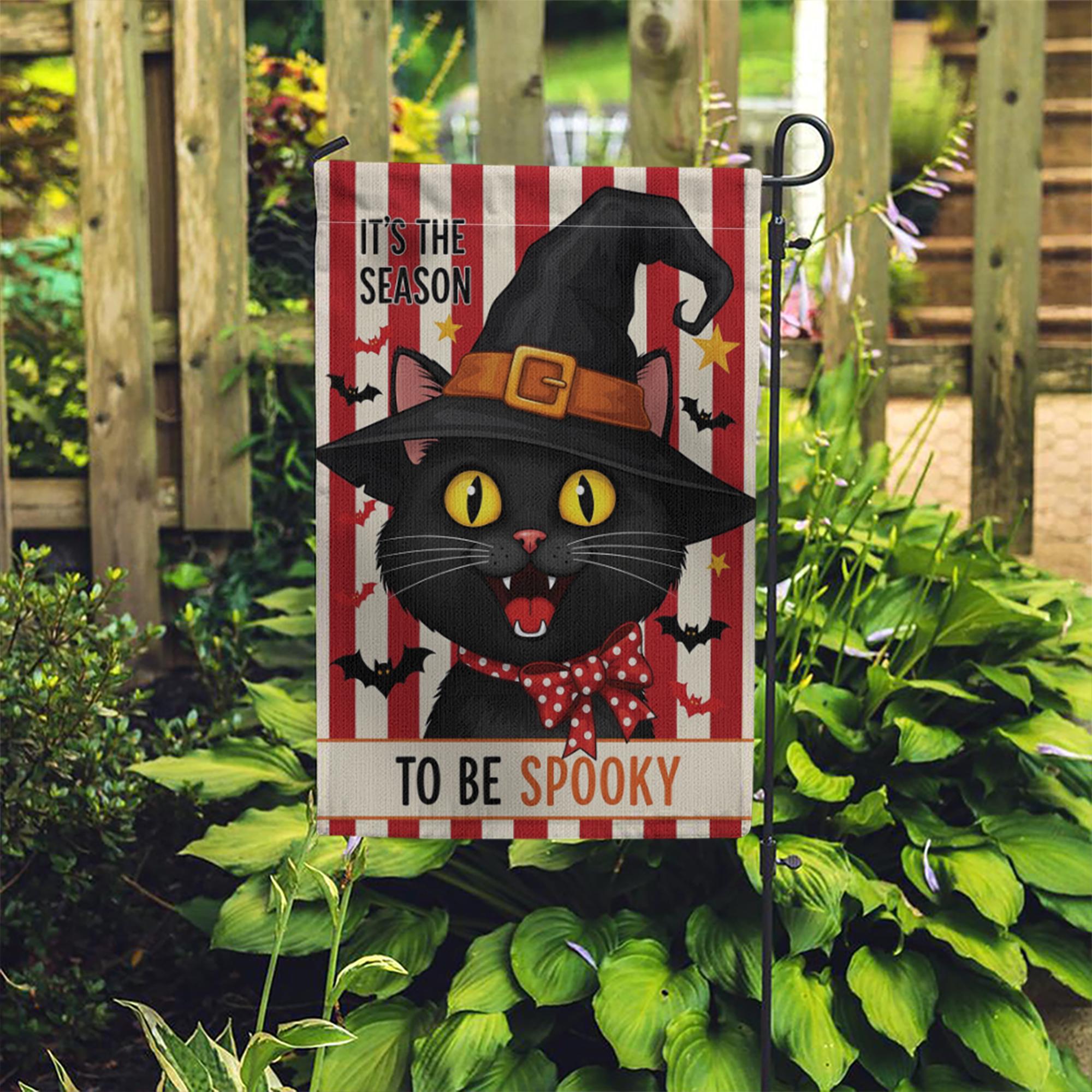 Black Cat Garden Flag, It's the Season to be Spooky Yard Sign, Cute Witch Cat Porch Decor, Whimsical Halloween Fall Banner