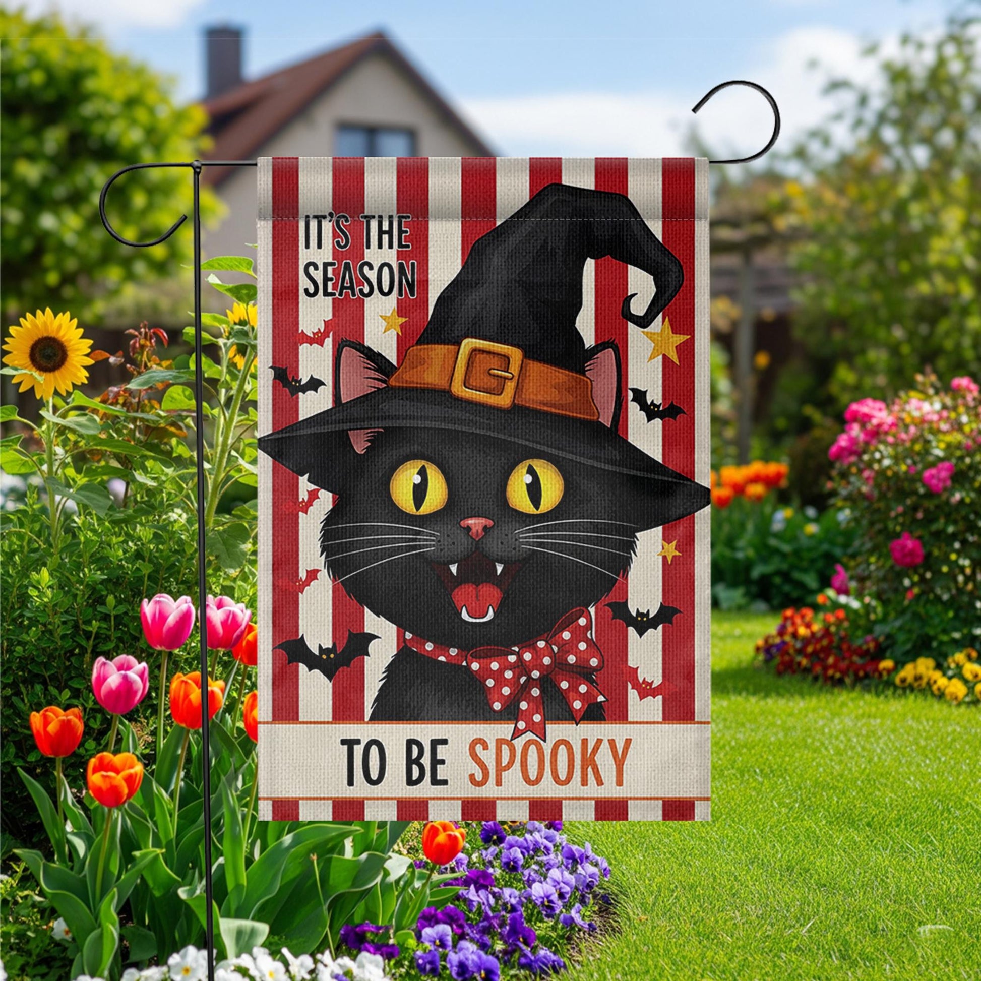 Black Cat Garden Flag, It's the Season to be Spooky Yard Sign, Cute Witch Cat Porch Decor, Whimsical Halloween Fall Banner