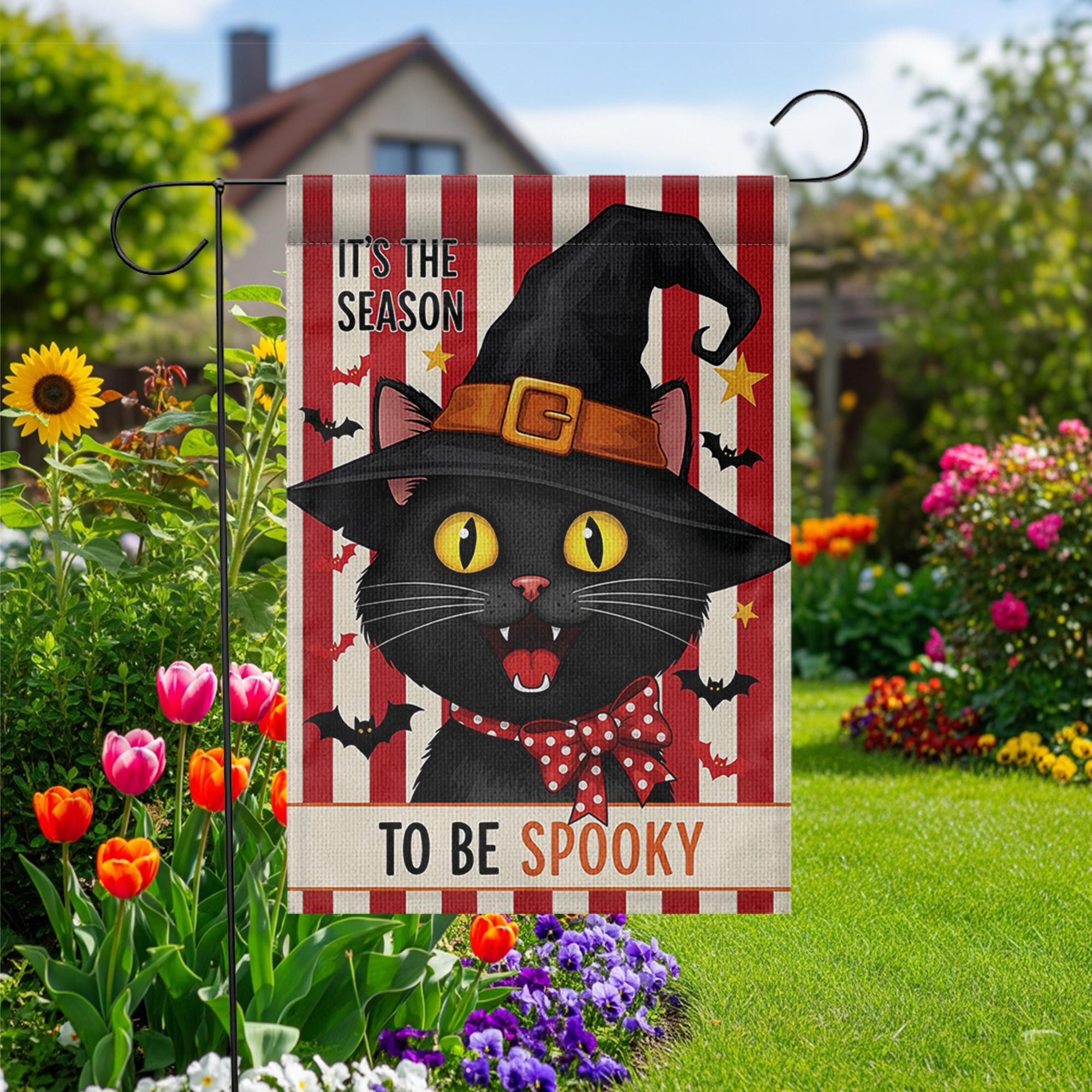 Black Cat Garden Flag, It's the Season to be Spooky Yard Sign, Cute Witch Cat Porch Decor, Whimsical Halloween Fall Banner