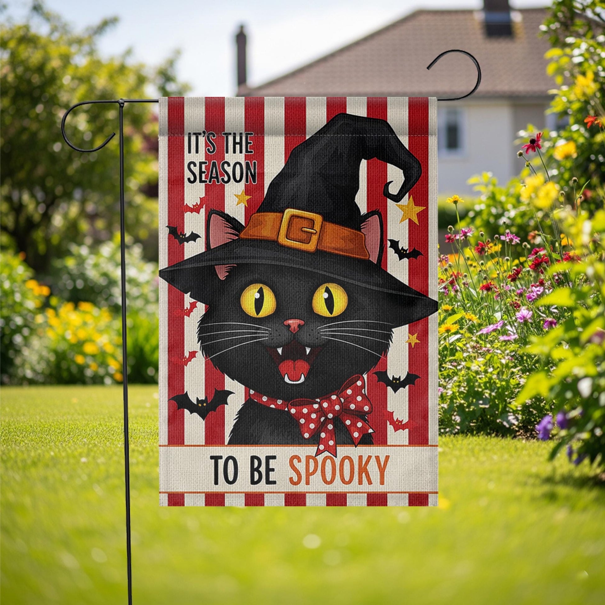 Black Cat Garden Flag, It's the Season to be Spooky Yard Sign, Cute Witch Cat Porch Decor, Whimsical Halloween Fall Banner