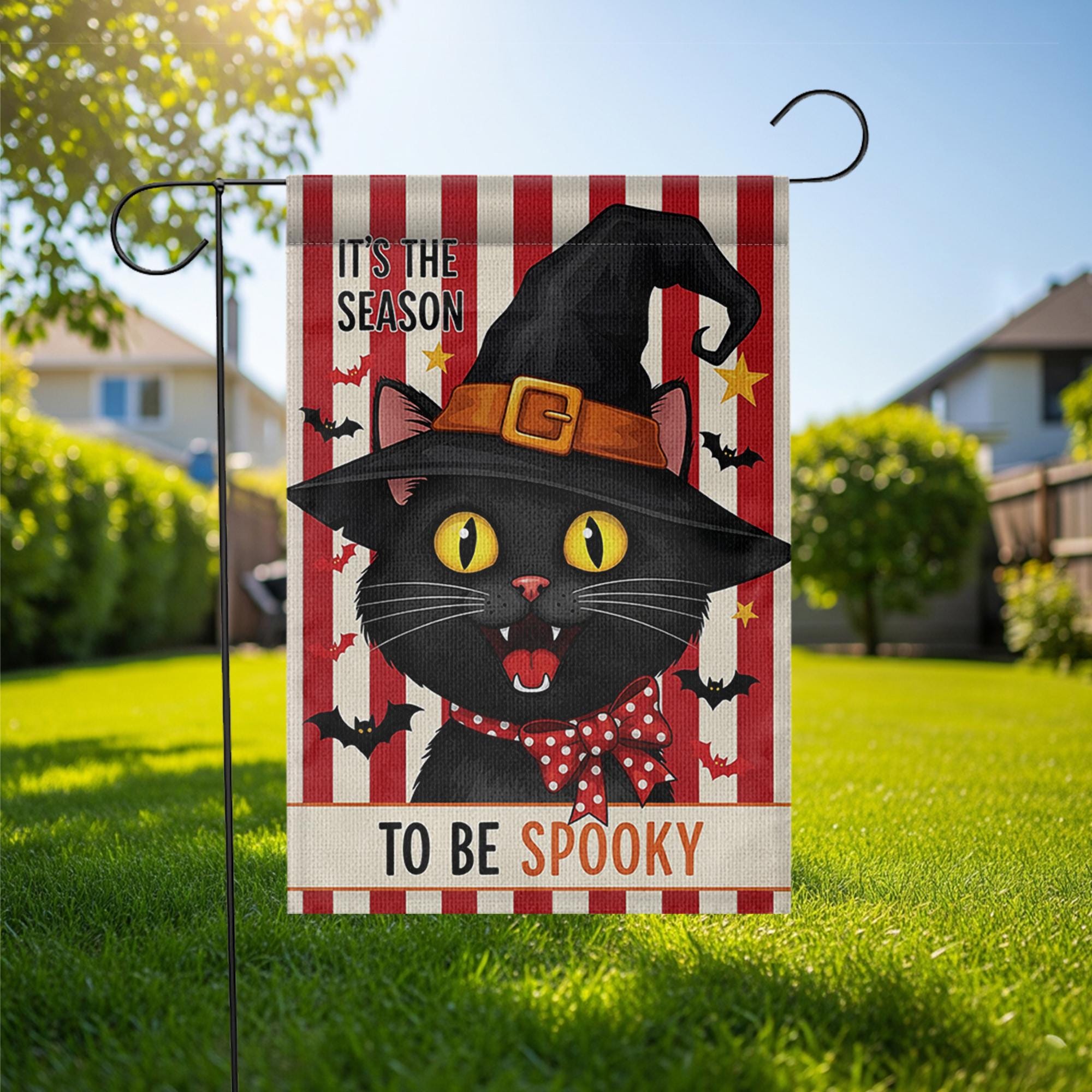 Black Cat Garden Flag, It's the Season to be Spooky Yard Sign, Cute Witch Cat Porch Decor, Whimsical Halloween Fall Banner