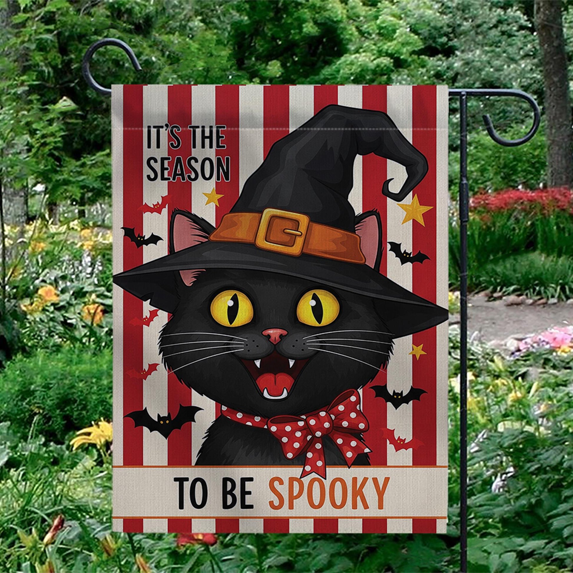 Black Cat Garden Flag, It's the Season to be Spooky Yard Sign, Cute Witch Cat Porch Decor, Whimsical Halloween Fall Banner