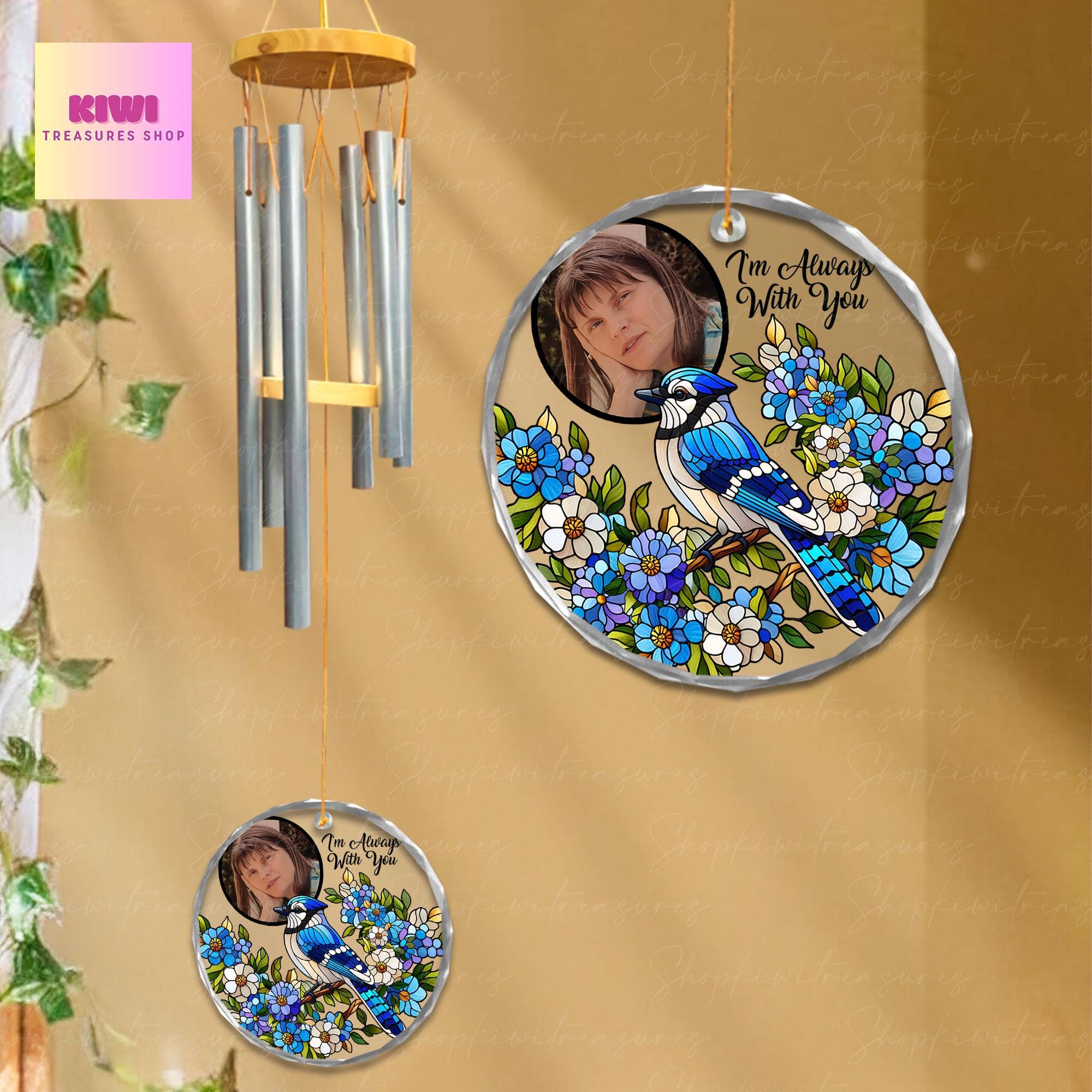 Custom Memorial Wind Chime with Photo, Blue Jay Photo Glass Ornament, I'm Always With You Sympathy Gift, Loss of Loved One