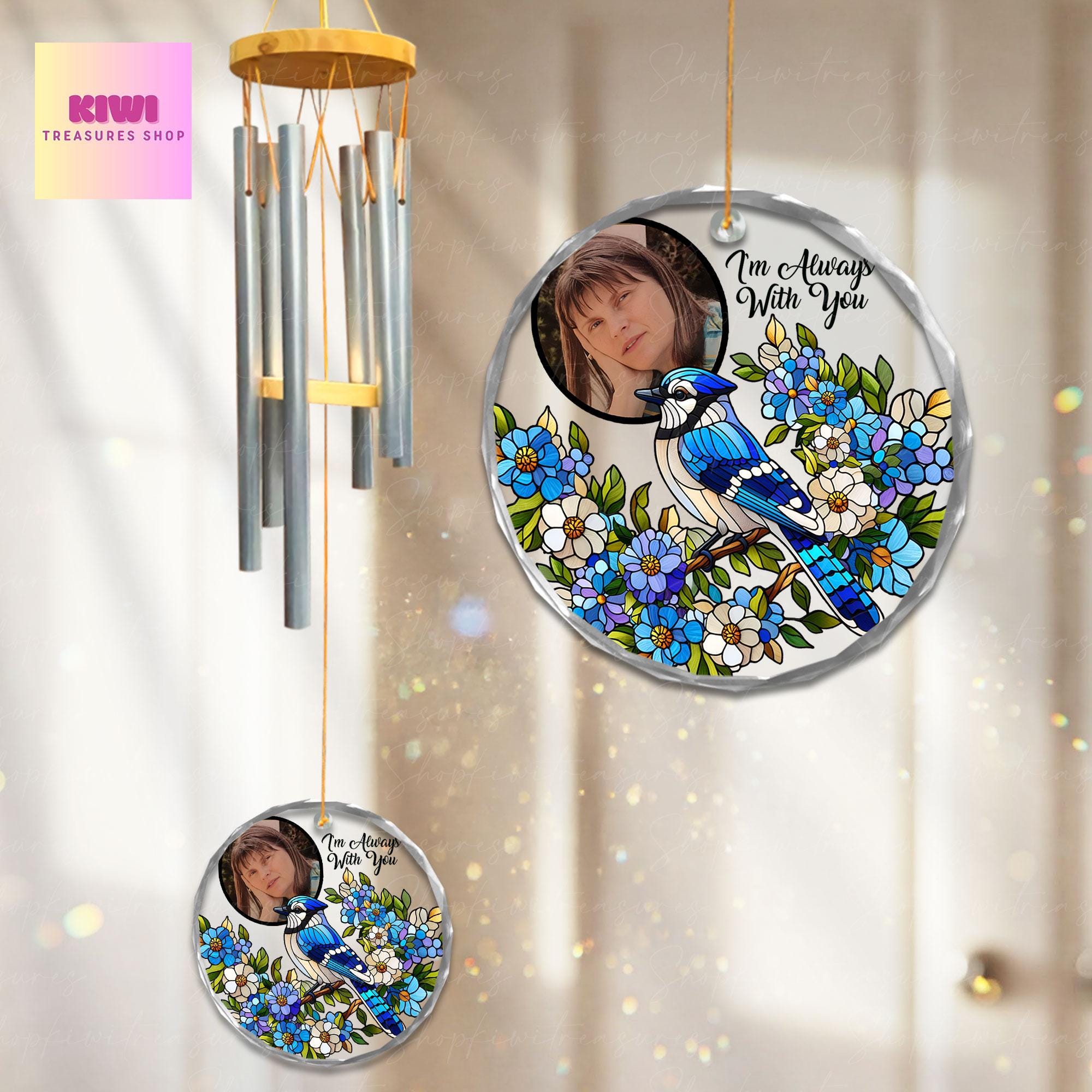 Custom Memorial Wind Chime with Photo, Blue Jay Photo Glass Ornament, I'm Always With You Sympathy Gift, Loss of Loved One