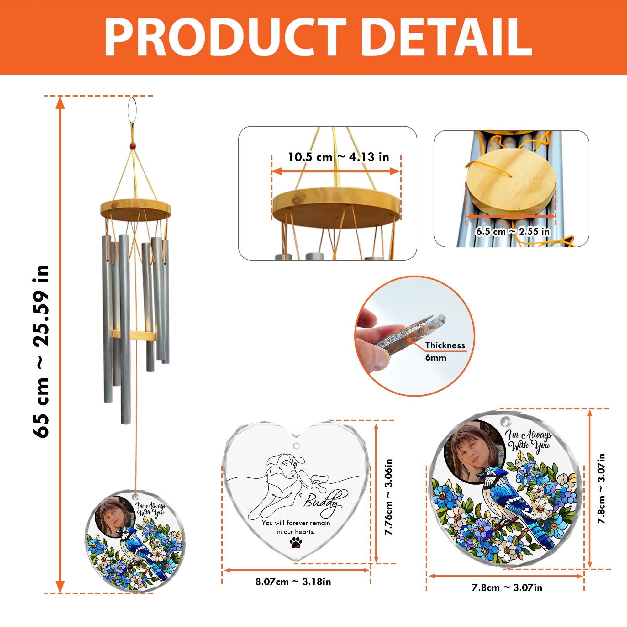 Custom Memorial Wind Chime with Photo, Blue Jay Photo Glass Ornament, I'm Always With You Sympathy Gift, Loss of Loved One
