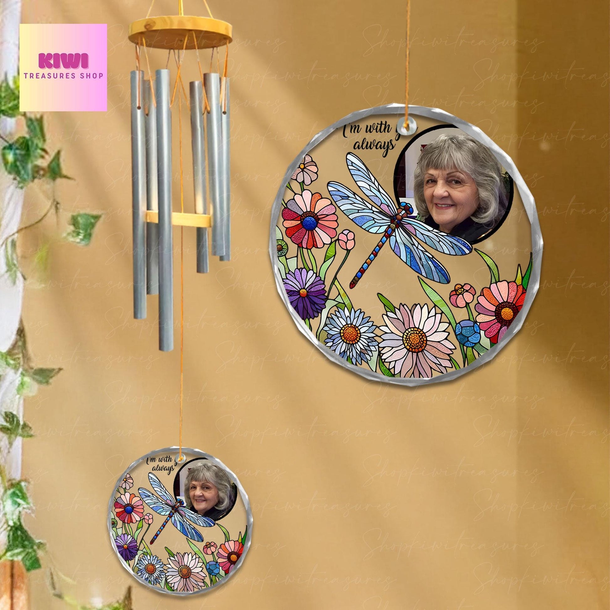 Custom Dragonfly Memorial Wind Chime with Photo, I'm With You Always Gift, Personalized Remembrance Chime for Loss of Loved One