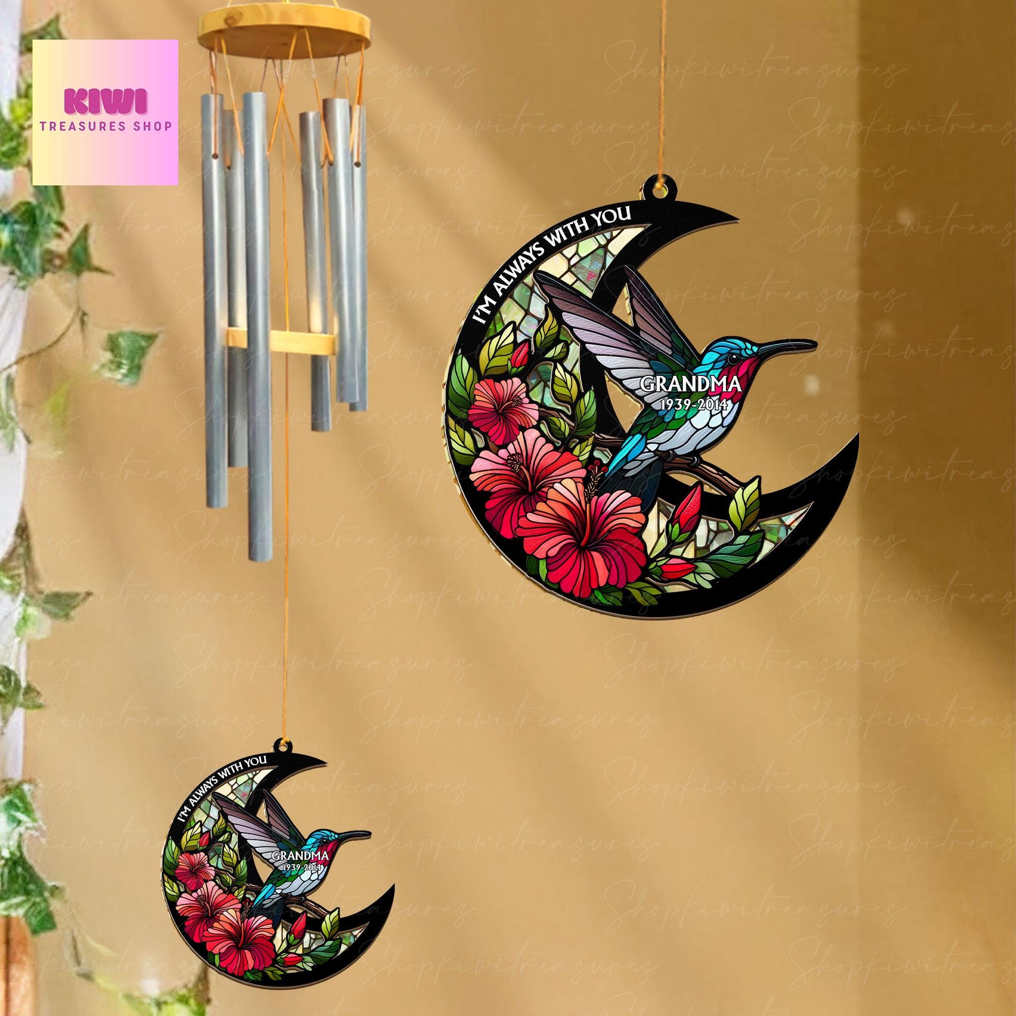Hummingbird Memorial Wind Chime, Custom Floral Crescent Moon Ornament, I’m Always With You Sympathy Gift, Loss of Loved One
