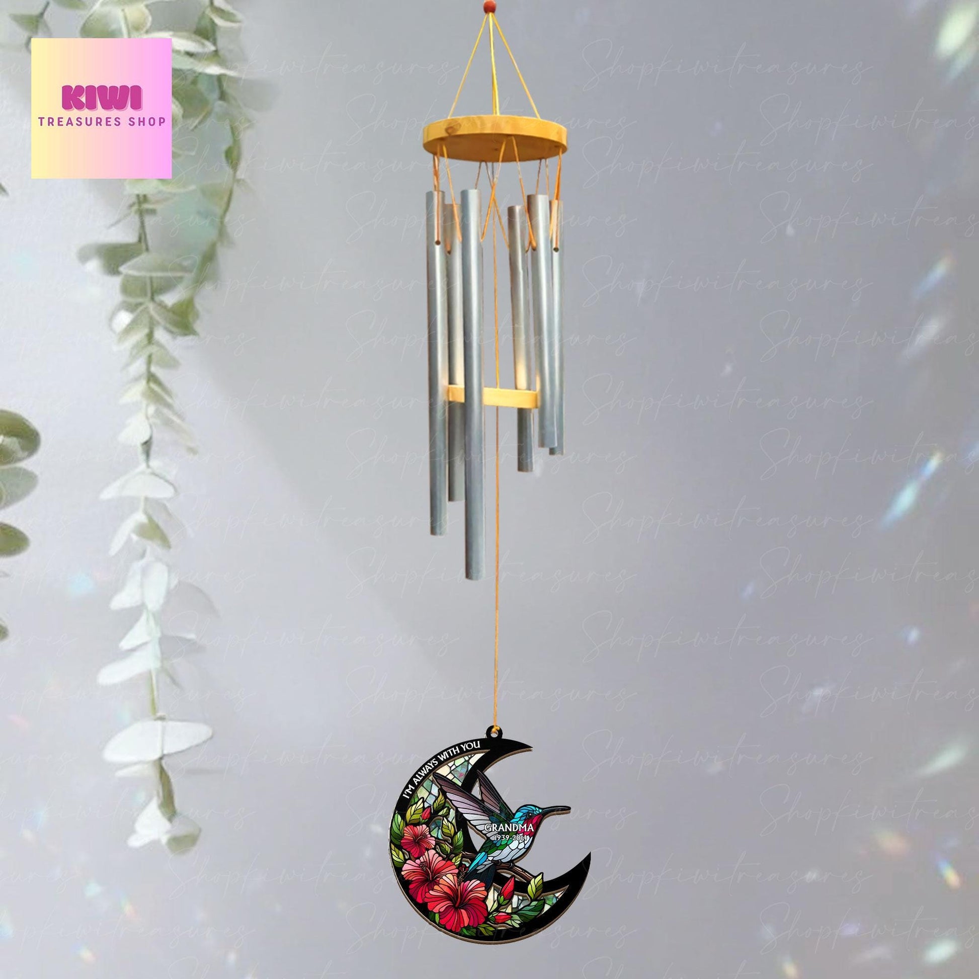 Hummingbird Memorial Wind Chime, Custom Floral Crescent Moon Ornament, I’m Always With You Sympathy Gift, Loss of Loved One