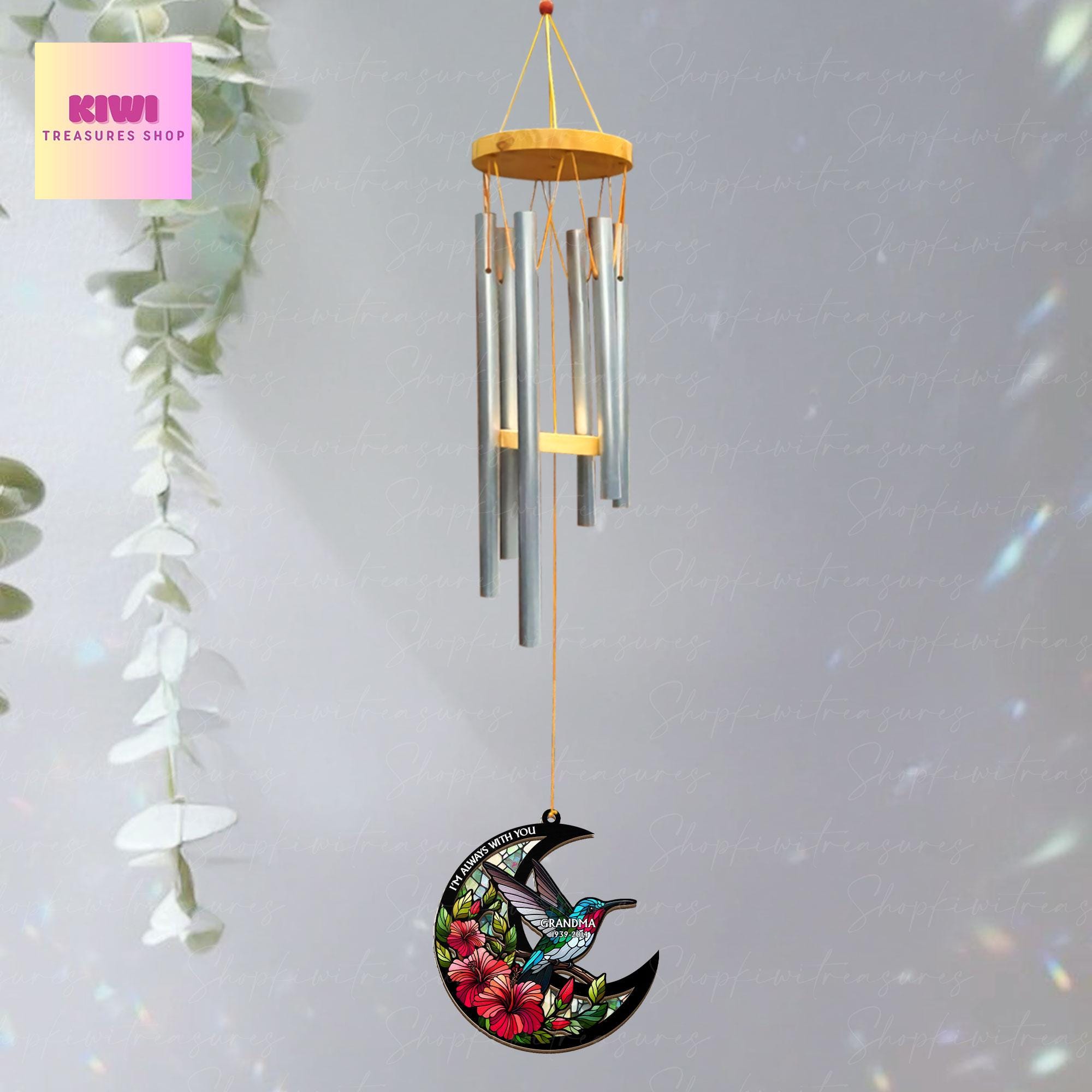 Hummingbird Memorial Wind Chime, Custom Floral Crescent Moon Ornament, I’m Always With You Sympathy Gift, Loss of Loved One
