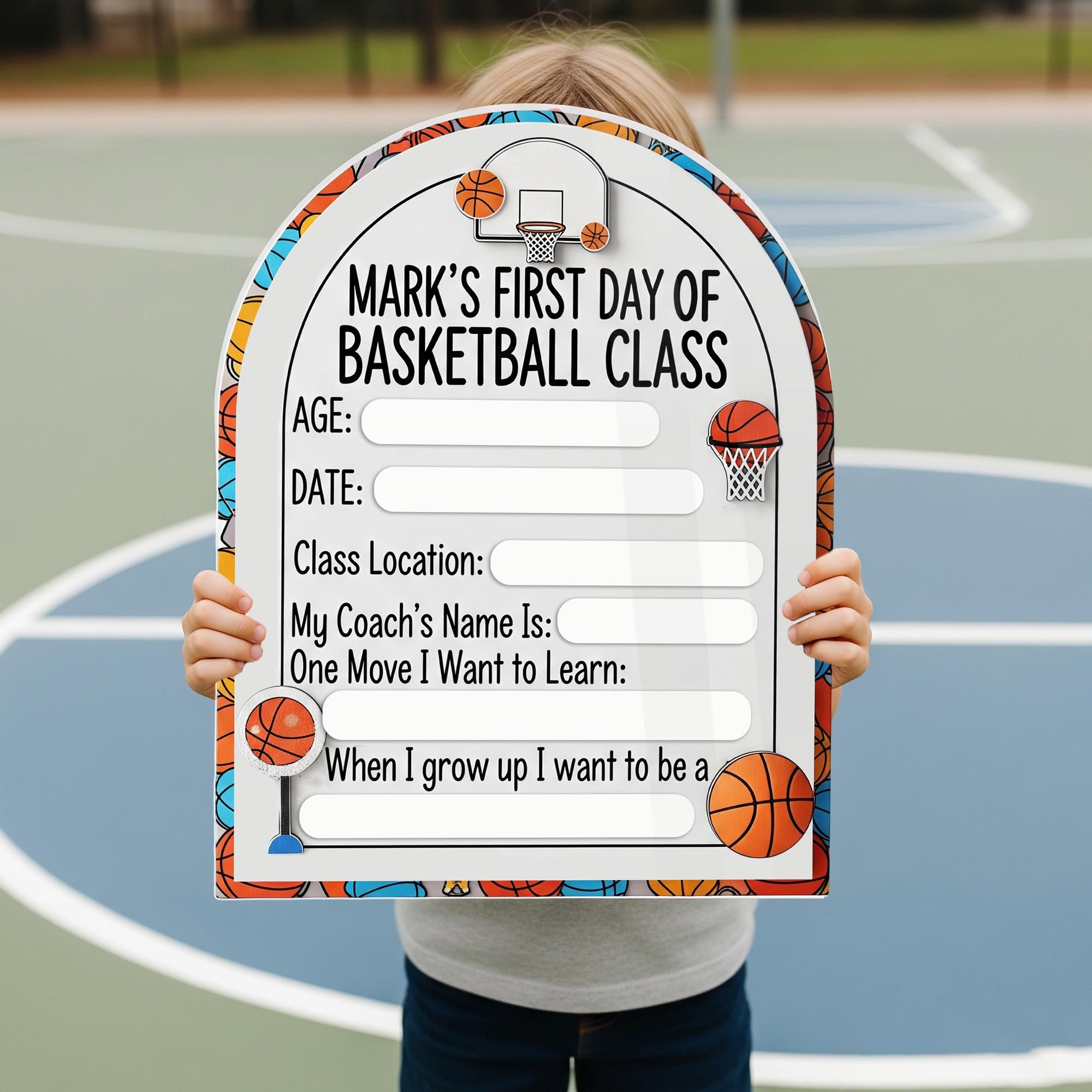 First Day of Basketball Class Sign, Reusable Kid Keepsake Board, Dry Erase Sports Milestone Sign, Custom Wooden Memory Board, Basketball Kid