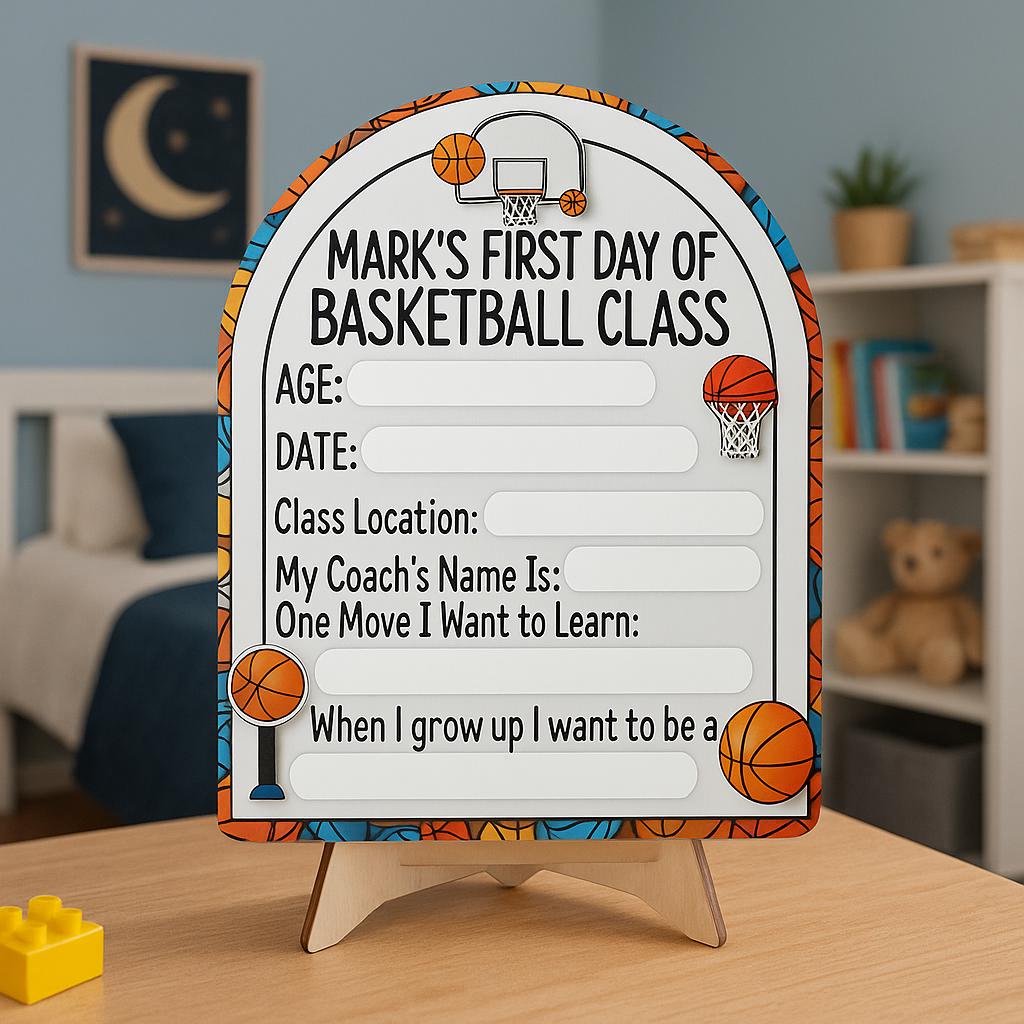 First Day of Basketball Class Sign, Reusable Kid Keepsake Board, Dry Erase Sports Milestone Sign, Custom Wooden Memory Board, Basketball Kid