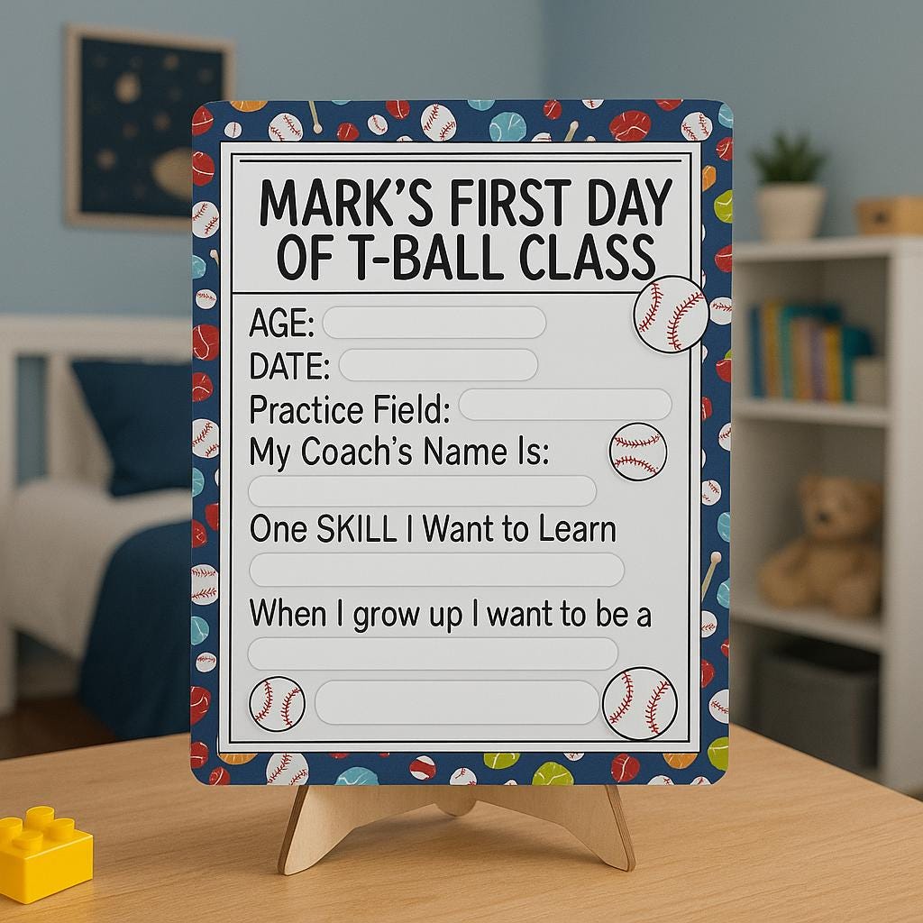 First Day of T-Ball Class Sign, Reusable Wooden Keepsake, Dry Erase Sports Board, Kids Milestone Photo Prop, Custom Memory Sign