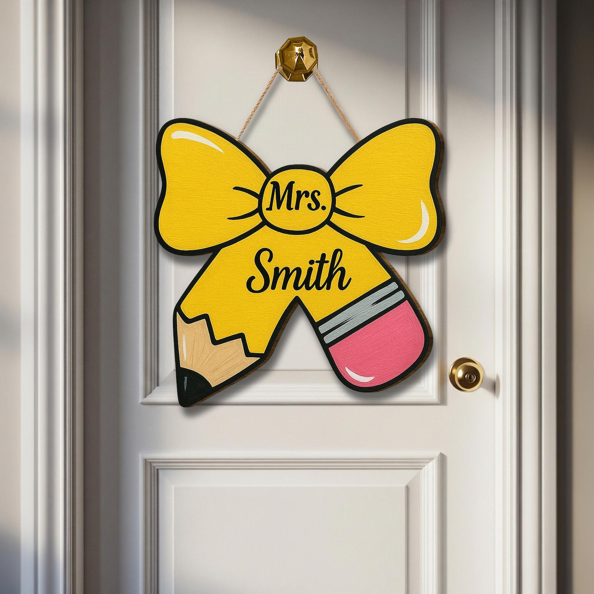 Personalized Teacher Door Sign, Pencil Bow Wood Sign for Classroom, Custom Teacher Name Hanger, Back to School Teacher Decor