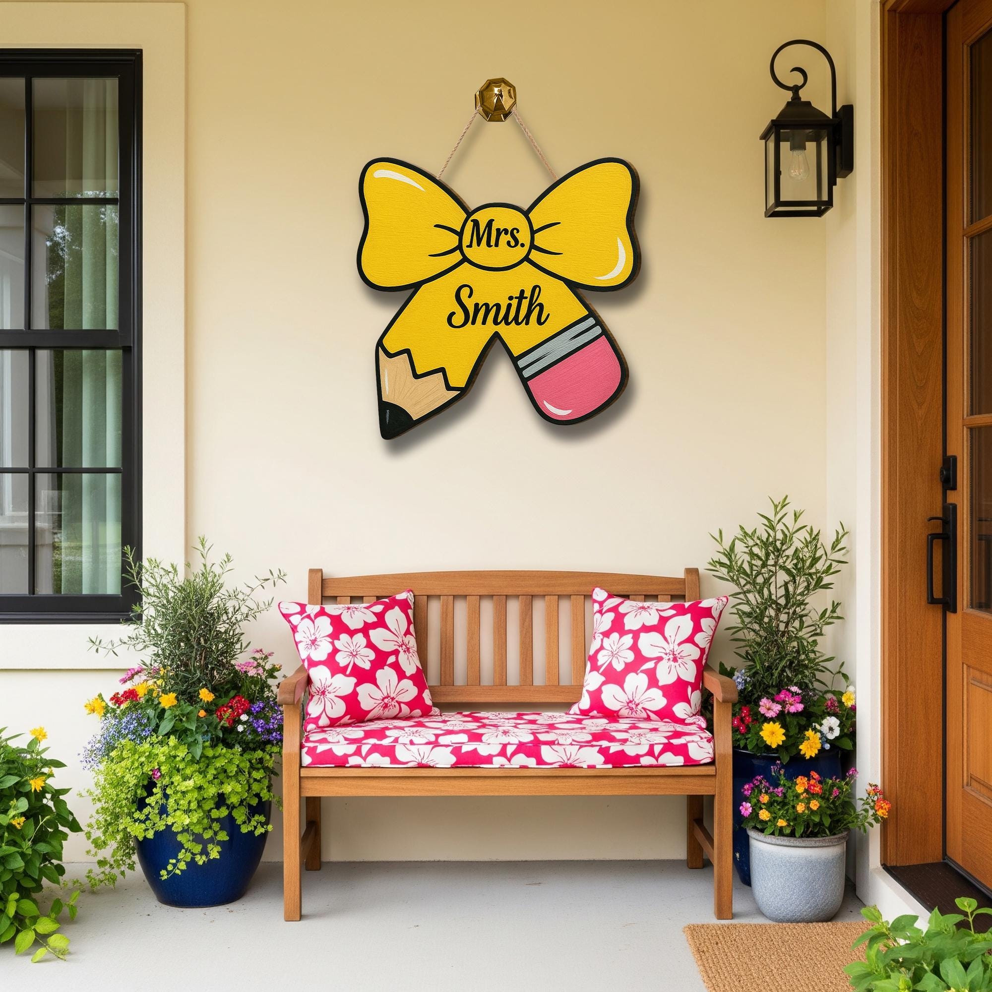 Personalized Teacher Door Sign, Pencil Bow Wood Sign for Classroom, Custom Teacher Name Hanger, Back to School Teacher Decor