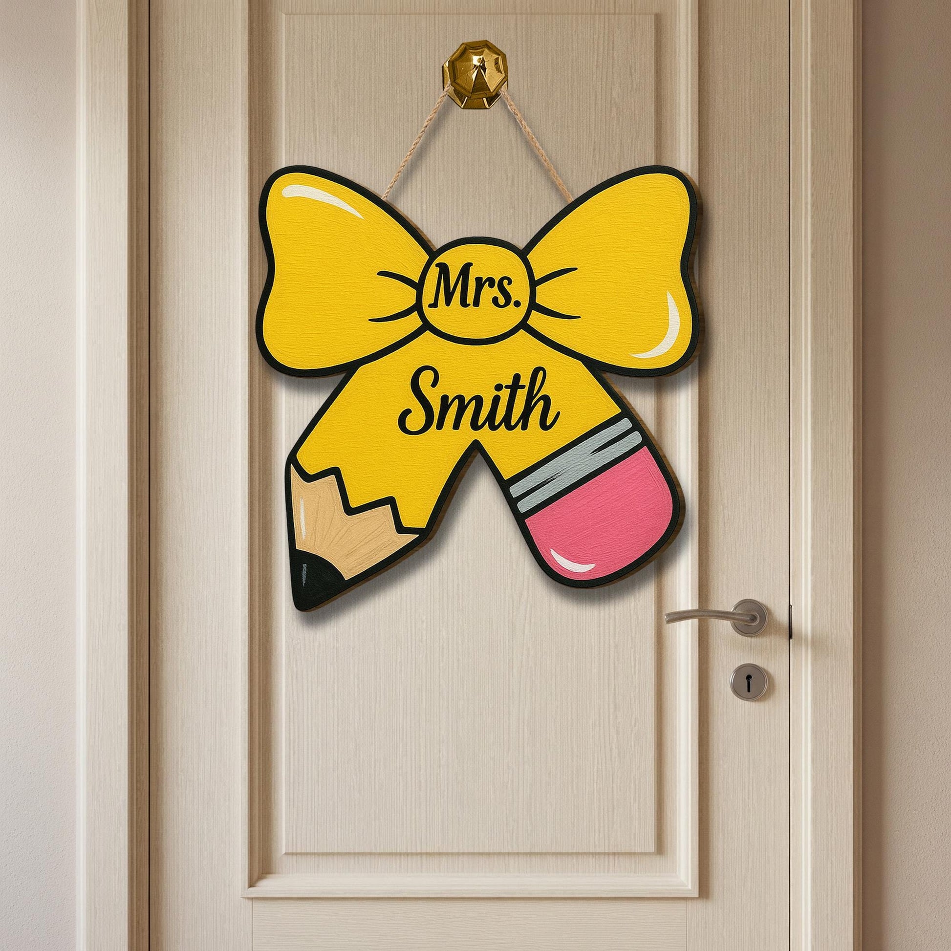 Personalized Teacher Door Sign, Pencil Bow Wood Sign for Classroom, Custom Teacher Name Hanger, Back to School Teacher Decor