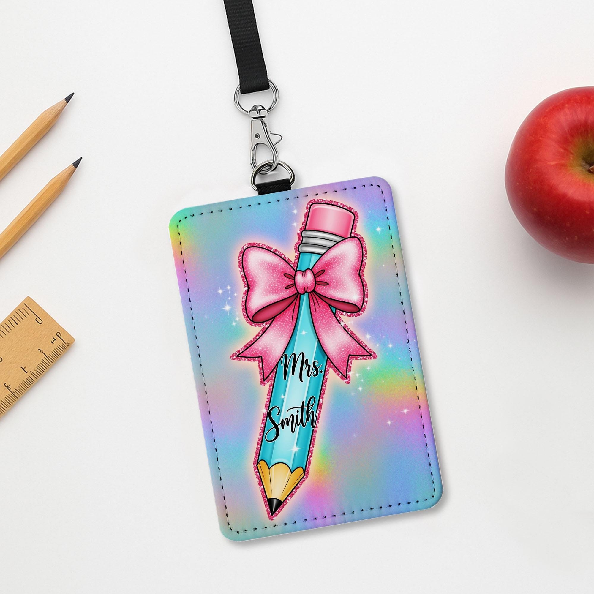 Personalized Teacher Badge Holder, Rainbow Pencil ID Holder with Name, Cute Leather Lanyard Tag, Custom Back to School Accessory