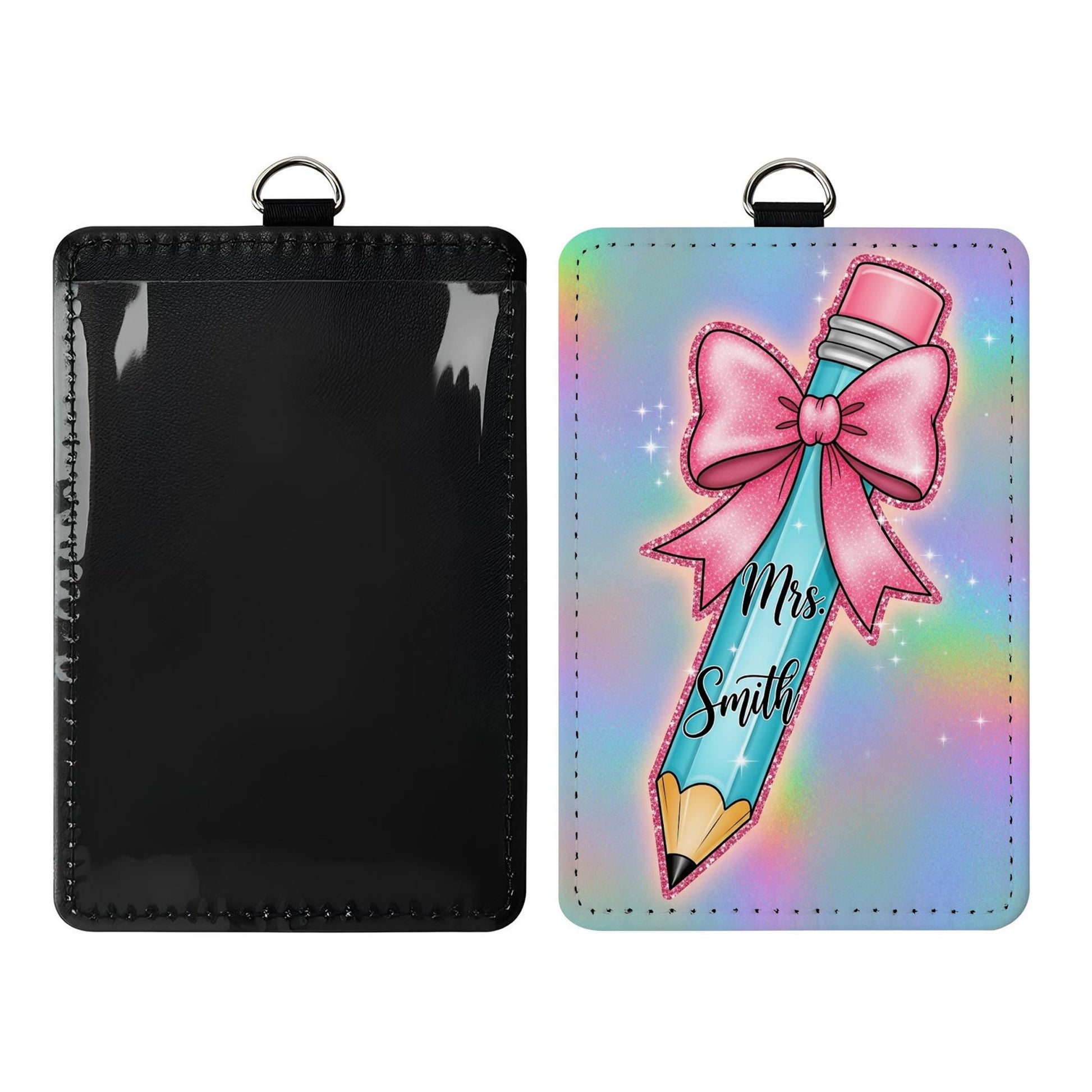 Personalized Teacher Badge Holder, Rainbow Pencil ID Holder with Name, Cute Leather Lanyard Tag, Custom Back to School Accessory