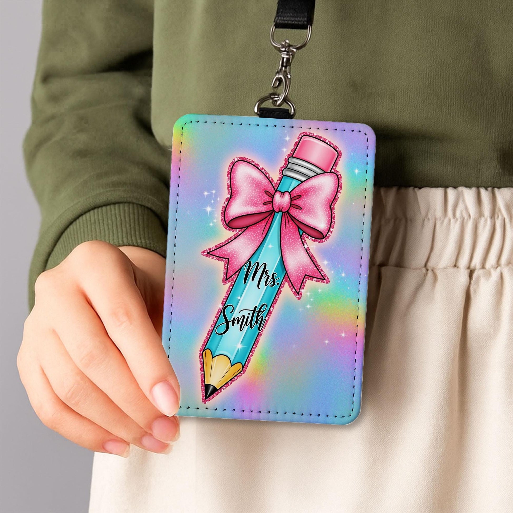 Personalized Teacher Badge Holder, Rainbow Pencil ID Holder with Name, Cute Leather Lanyard Tag, Custom Back to School Accessory