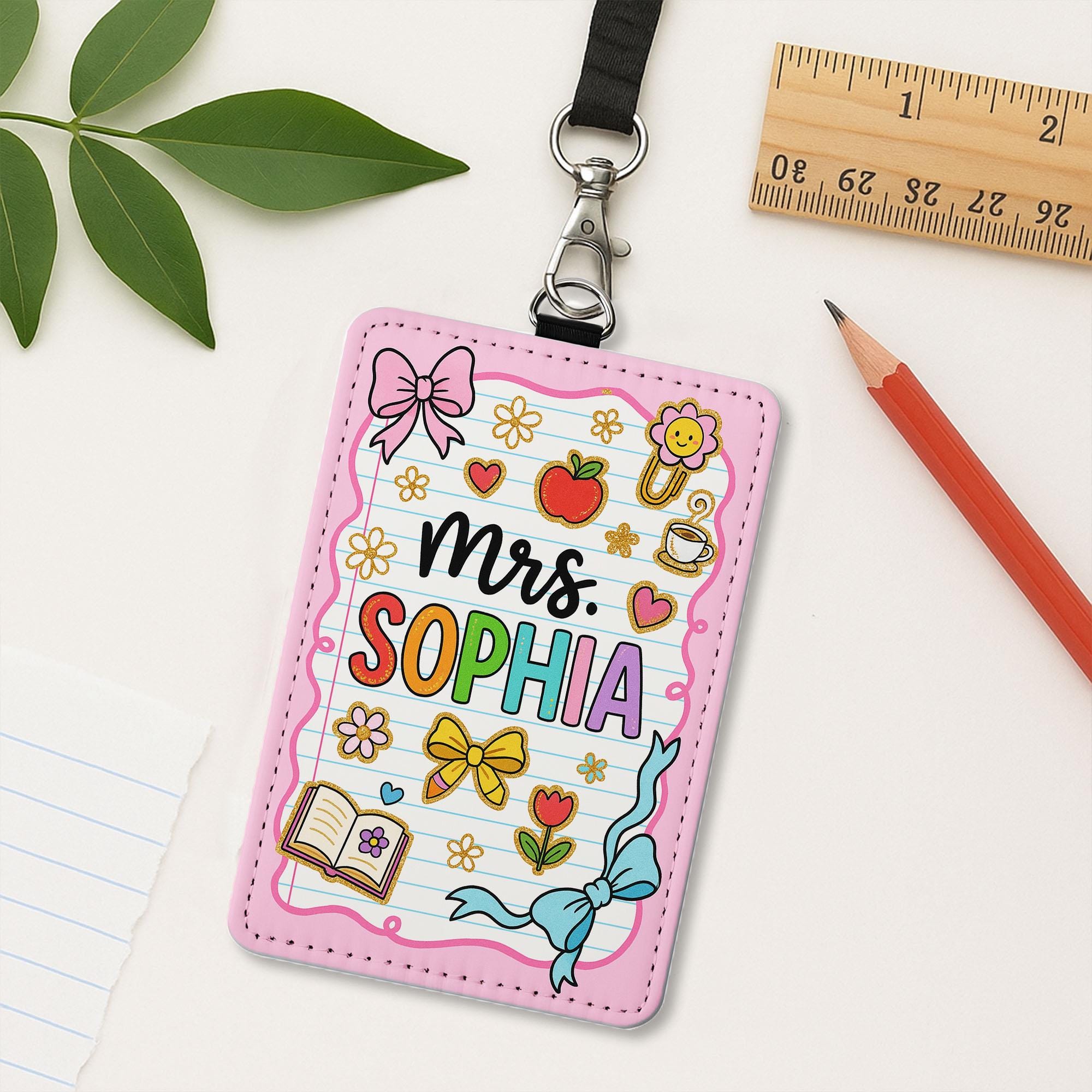 Custom Teacher Badge Holder, Personalized Name ID Tag, Cute Pink School Lanyard, Leather Classroom Accessory, Back to School Gift