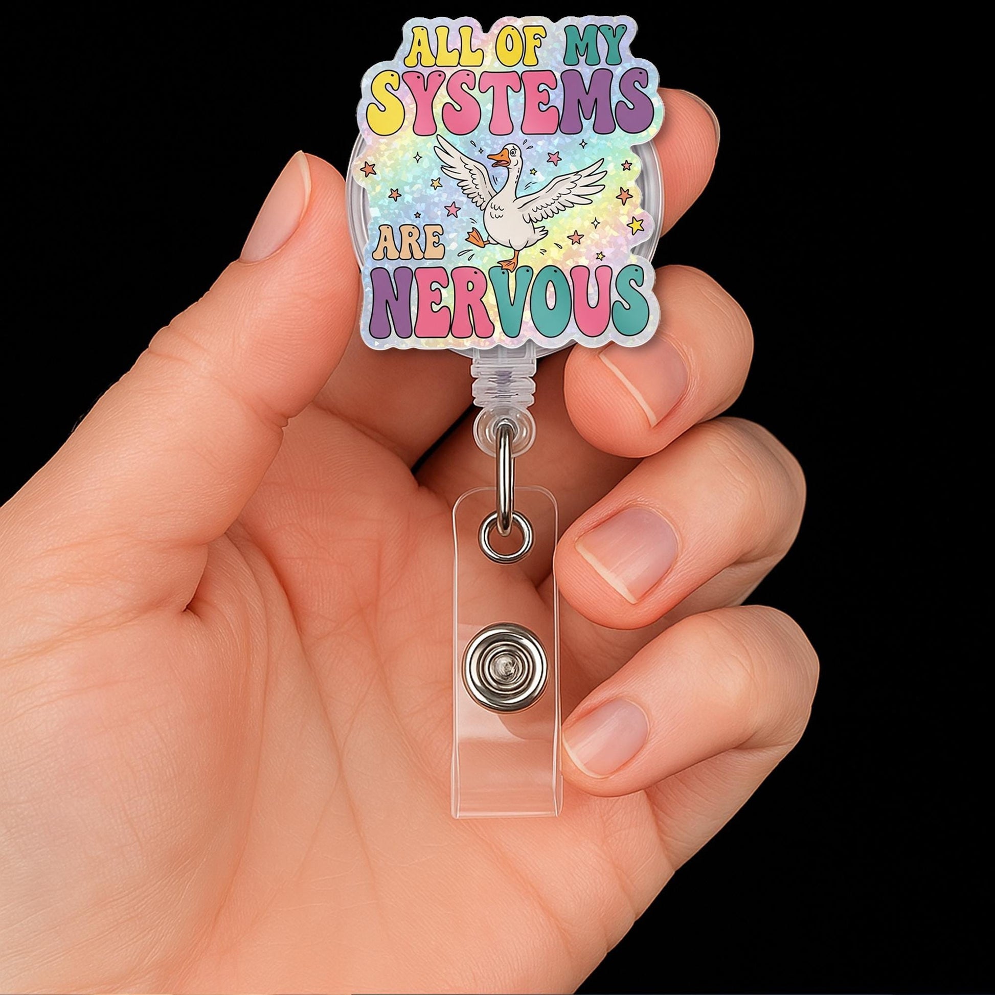 Funny Goose Badge Reel, All My Systems Are Nervous ID Holder, Cute Anxiety Humor Badge, Rainbow Nurse Clip, Retractable Reel Gift