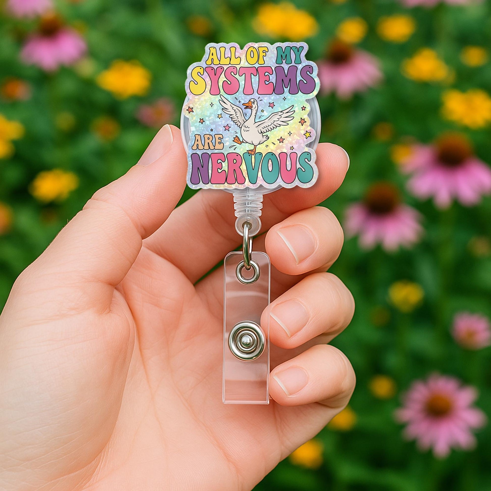 Funny Goose Badge Reel, All My Systems Are Nervous ID Holder, Cute Anxiety Humor Badge, Rainbow Nurse Clip, Retractable Reel Gift