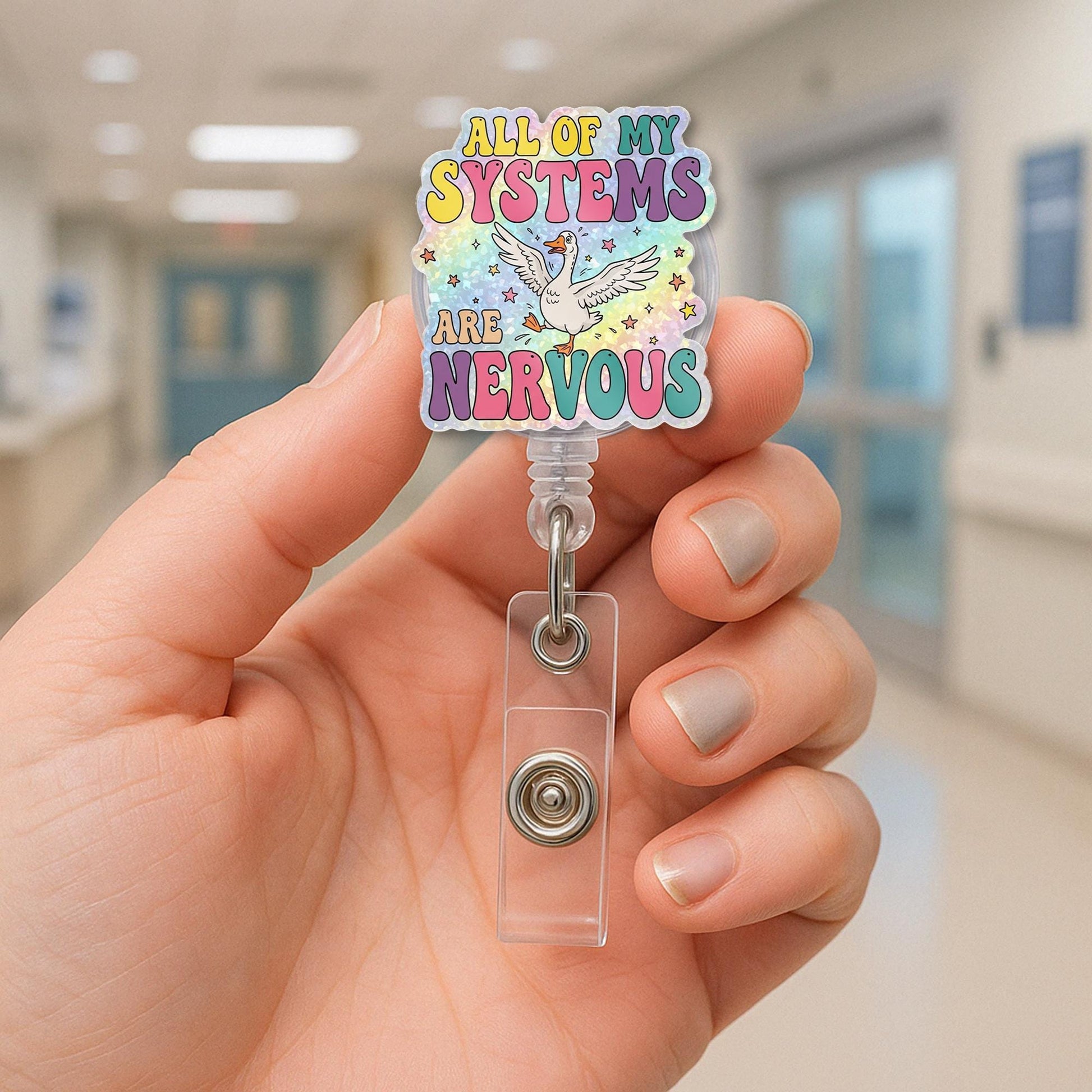 Funny Goose Badge Reel, All My Systems Are Nervous ID Holder, Cute Anxiety Humor Badge, Rainbow Nurse Clip, Retractable Reel Gift