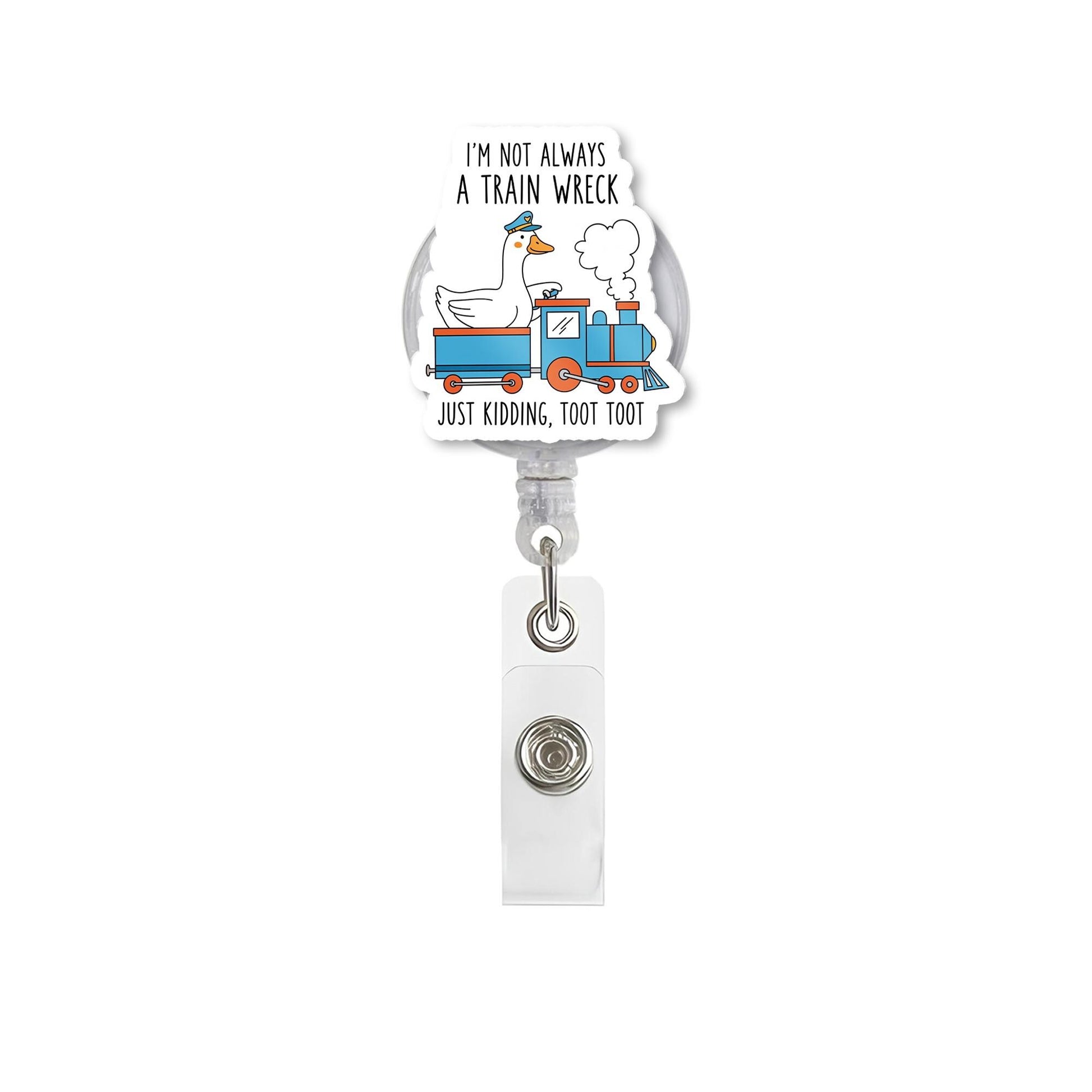 Funny Train Wreck Badge Reel, Goose Conductor ID Holder, Just Kidding Toot Toot Clip, Silly Retractable Badge, Work Humor Accessory