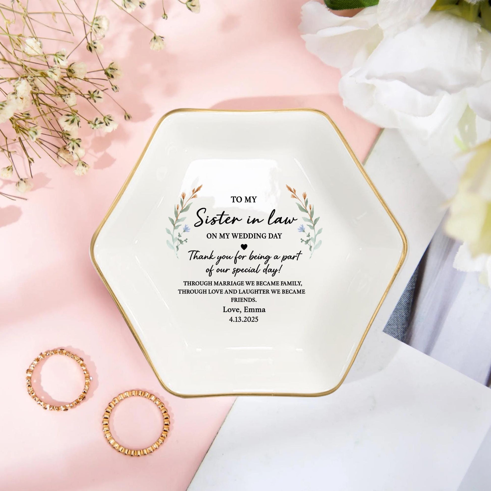 Custom Sister-in-Law Ceramic Jewelry Tray, Wedding Day Gift from Bride, Personalized Ring tray, Sister Gift Keepsake, Thank You Present