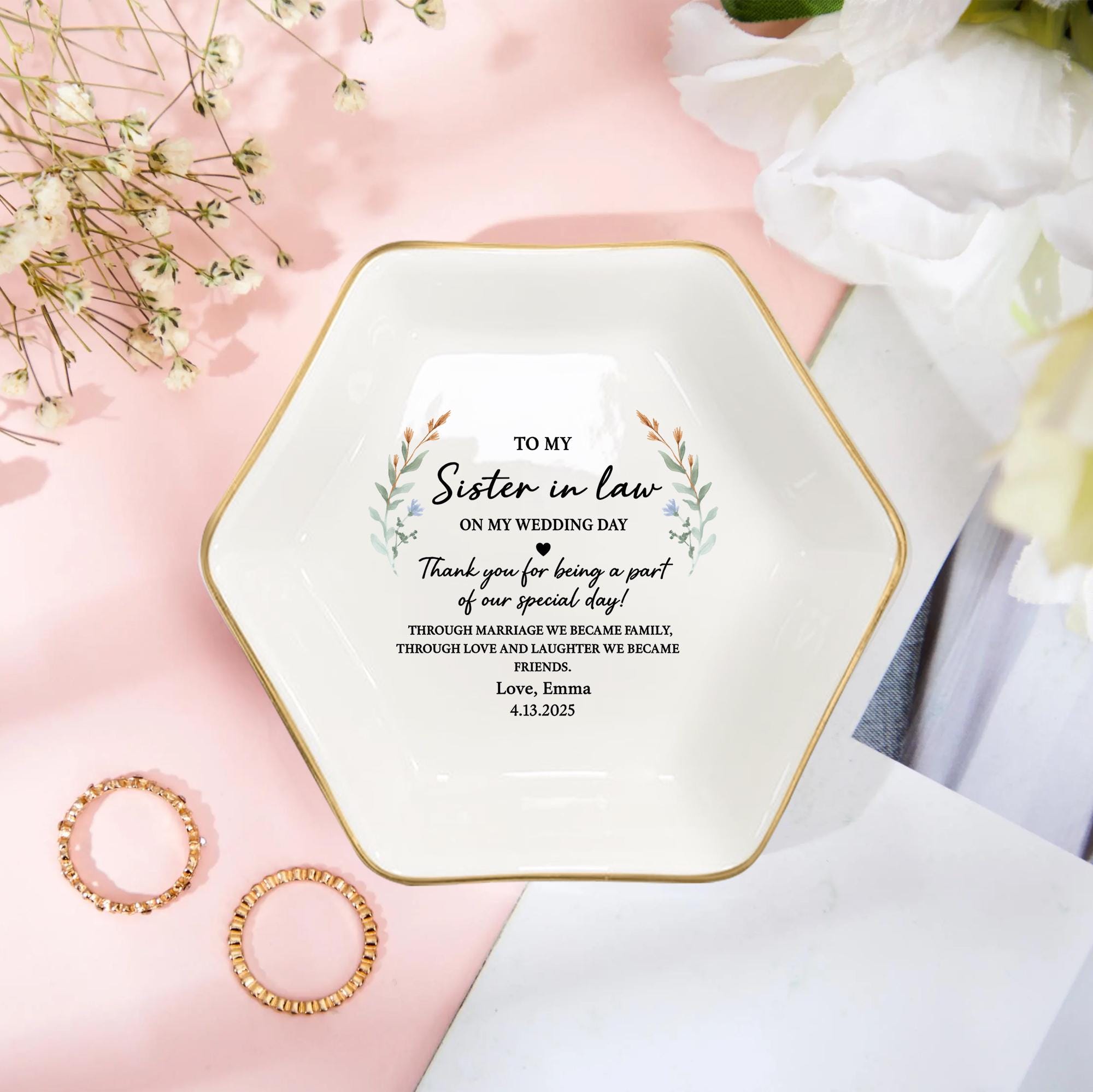 Custom Sister-in-Law Ceramic Jewelry Tray, Wedding Day Gift from Bride, Personalized Ring tray, Sister Gift Keepsake, Thank You Present