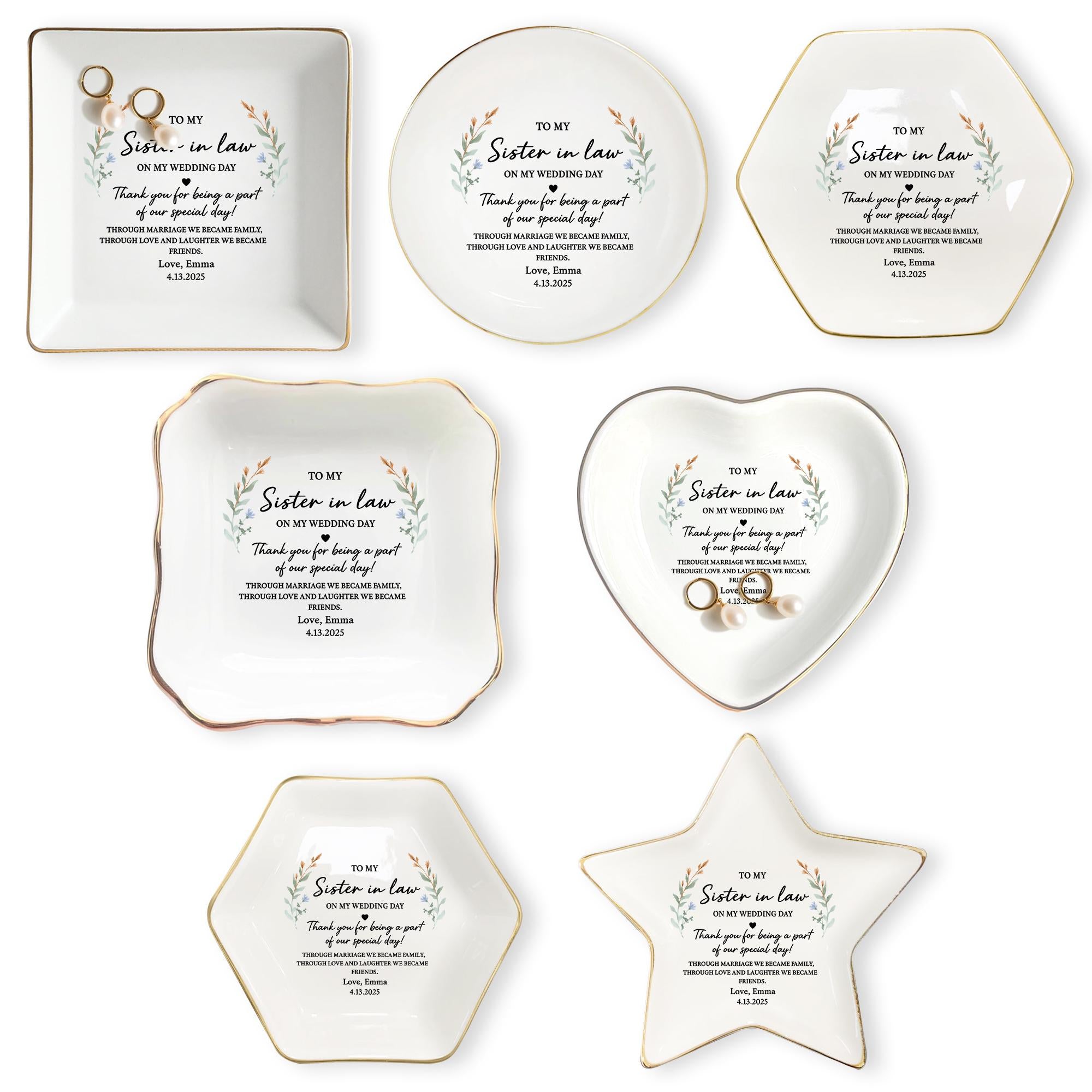 Custom Sister-in-Law Ceramic Jewelry Tray, Wedding Day Gift from Bride, Personalized Ring tray, Sister Gift Keepsake, Thank You Present