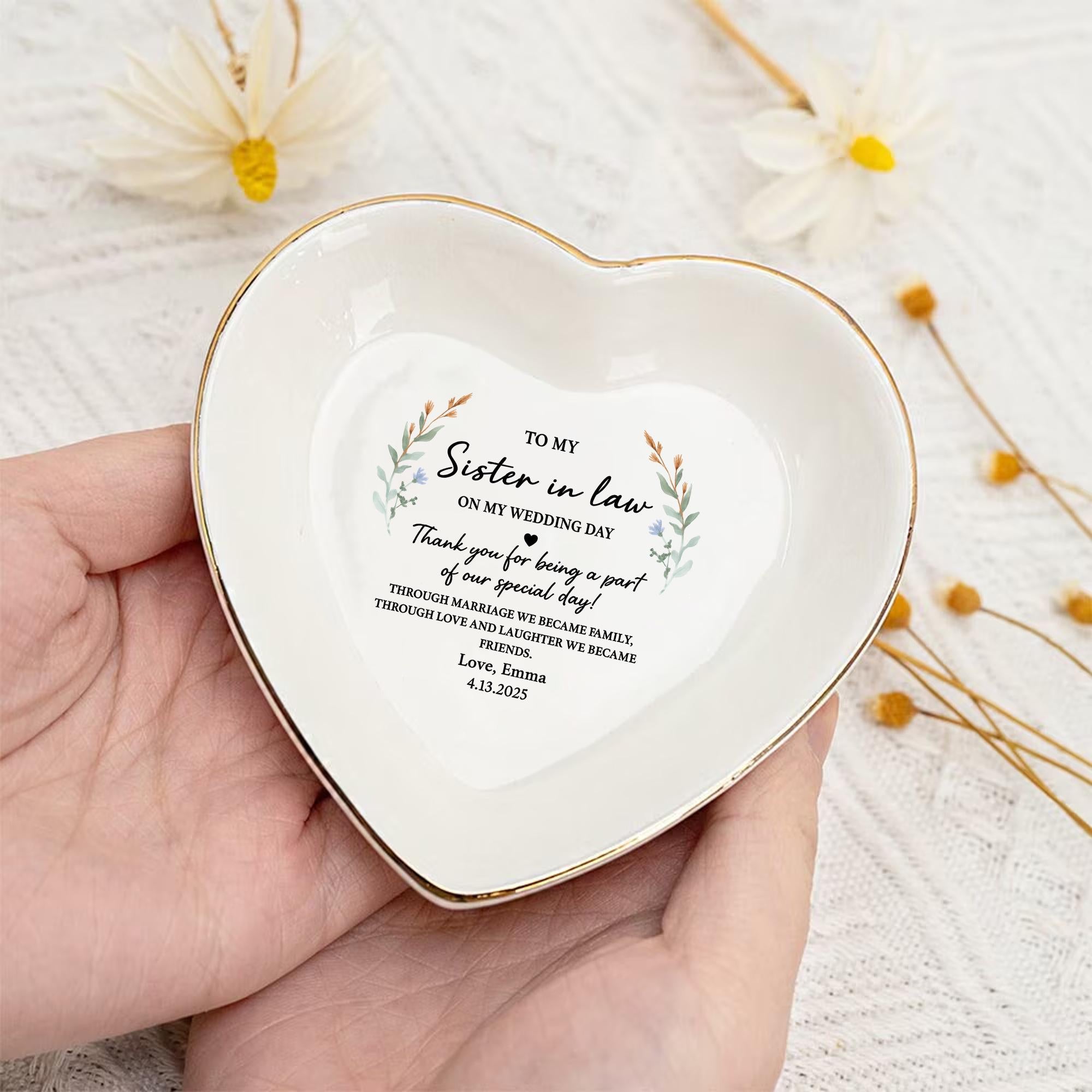 Custom Sister-in-Law Ceramic Jewelry Tray, Wedding Day Gift from Bride, Personalized Ring tray, Sister Gift Keepsake, Thank You Present
