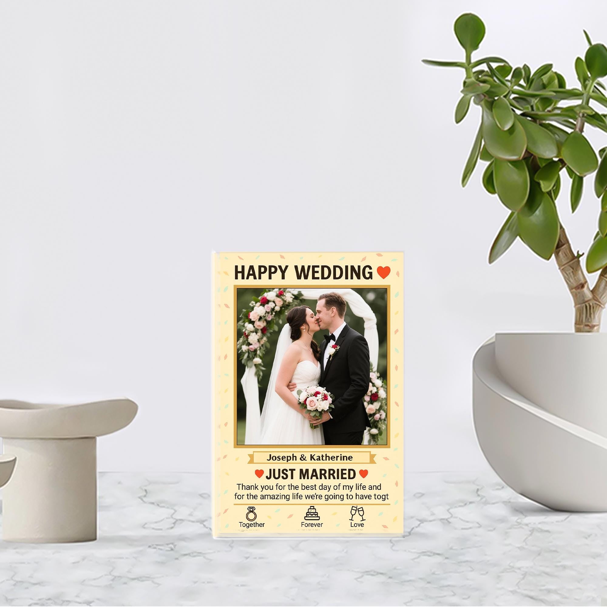 Personalized Wedding Gift for Couple, Custom Photo Acrylic Block, Just Married Keepsake Gift, Sentimental Newlywed Home Decor