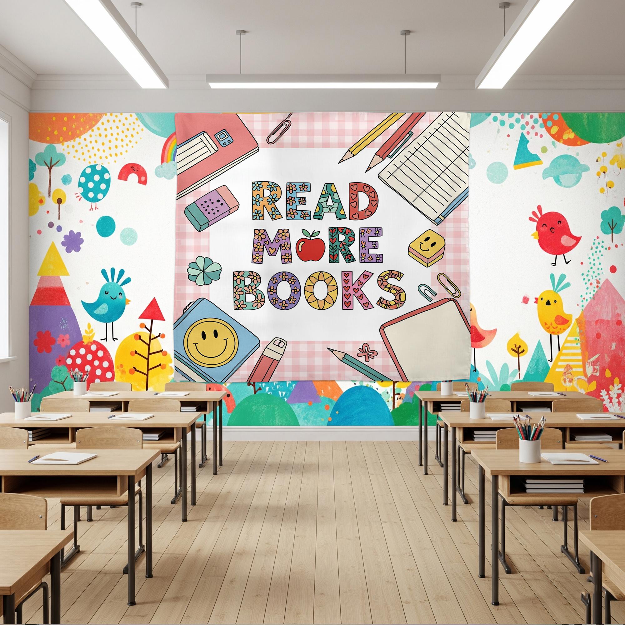 Retro Read More Books Tapestry, Cute Back to School Dorm Wall Decor, Vintage Library Aesthetic, Cozy Book Lover Gift, Back To School