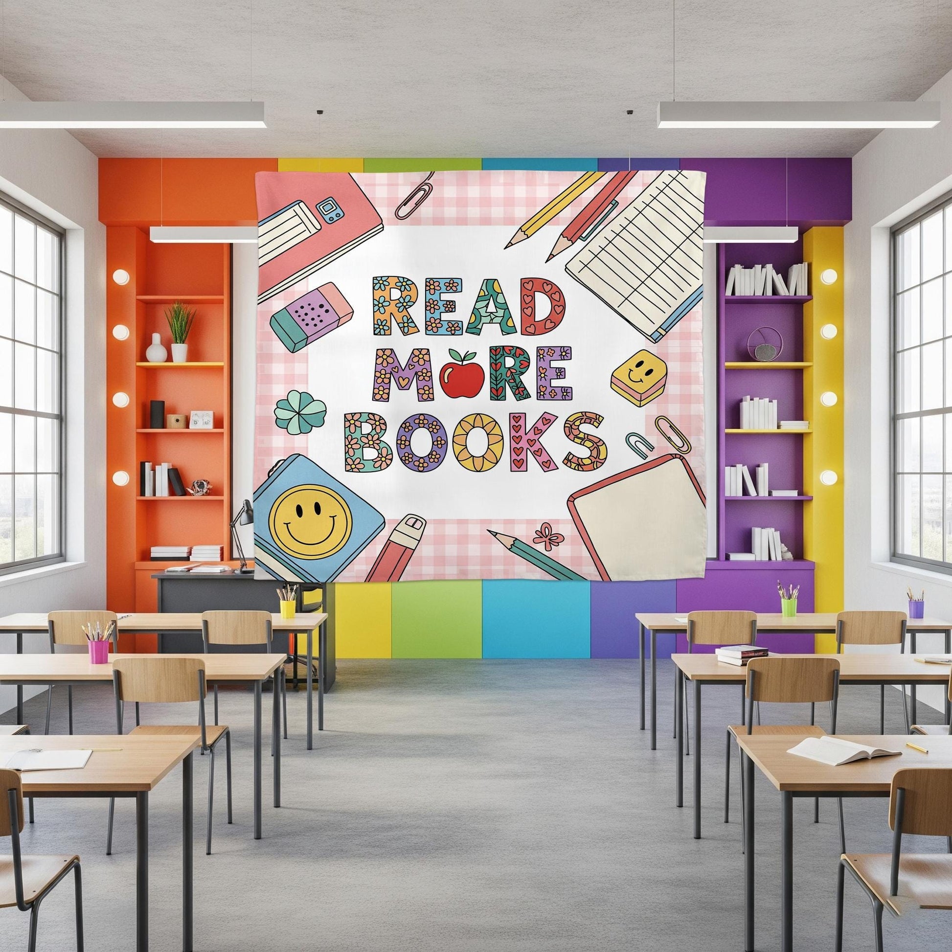 Retro Read More Books Tapestry, Cute Back to School Dorm Wall Decor, Vintage Library Aesthetic, Cozy Book Lover Gift, Back To School
