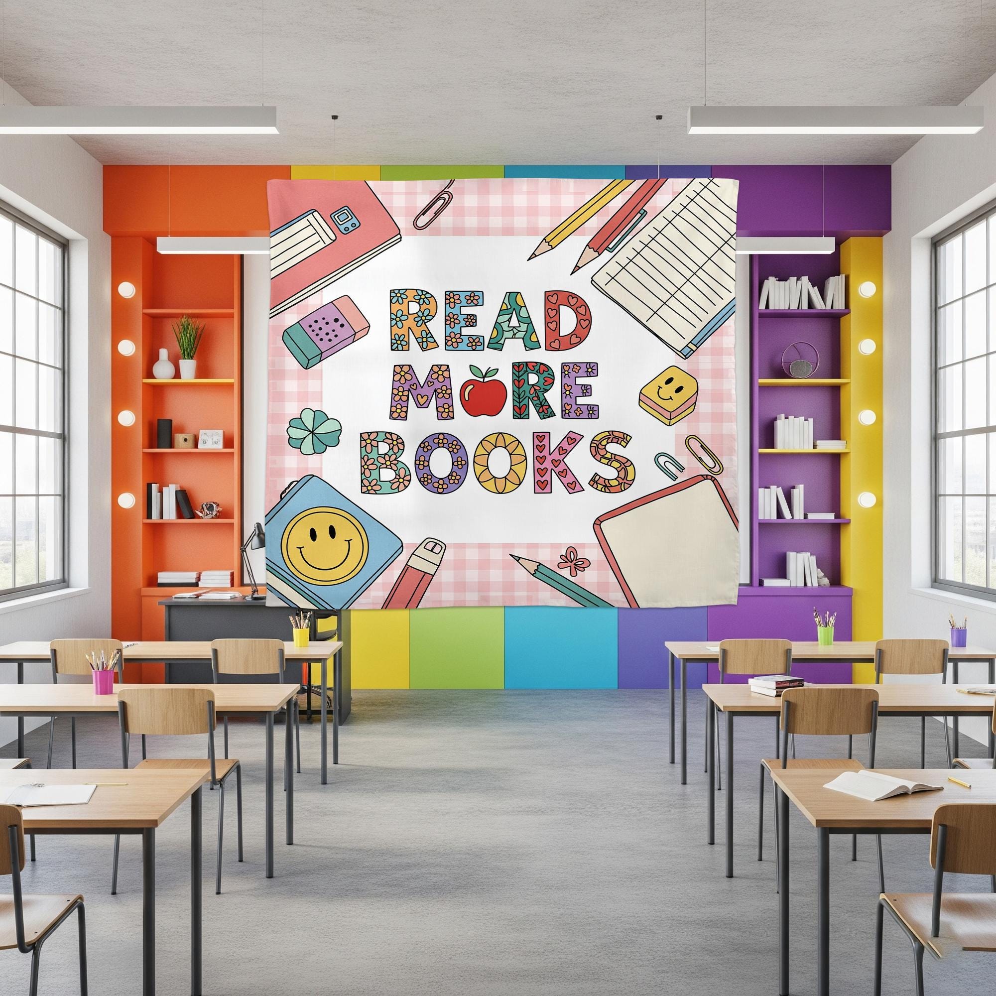 Retro Read More Books Tapestry, Cute Back to School Dorm Wall Decor, Vintage Library Aesthetic, Cozy Book Lover Gift, Back To School