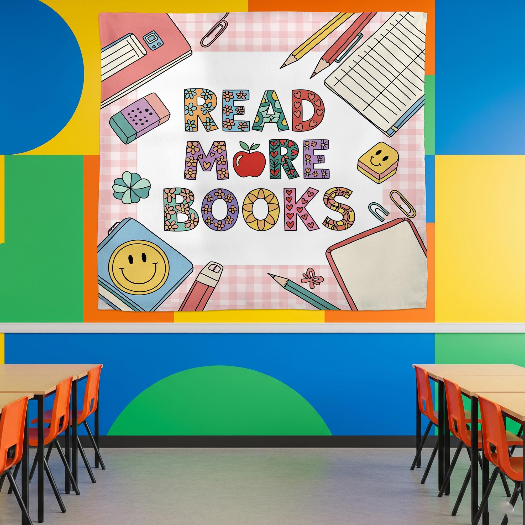 Retro Read More Books Tapestry, Cute Back to School Dorm Wall Decor, Vintage Library Aesthetic, Cozy Book Lover Gift, Back To School