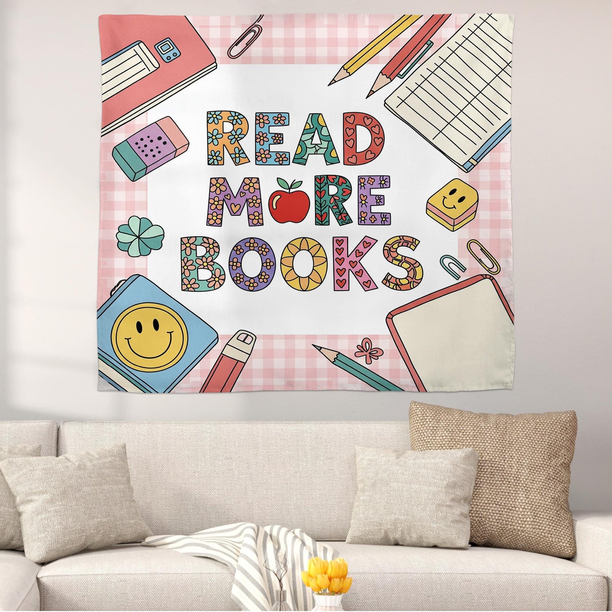Retro Read More Books Tapestry, Cute Back to School Dorm Wall Decor, Vintage Library Aesthetic, Cozy Book Lover Gift, Back To School