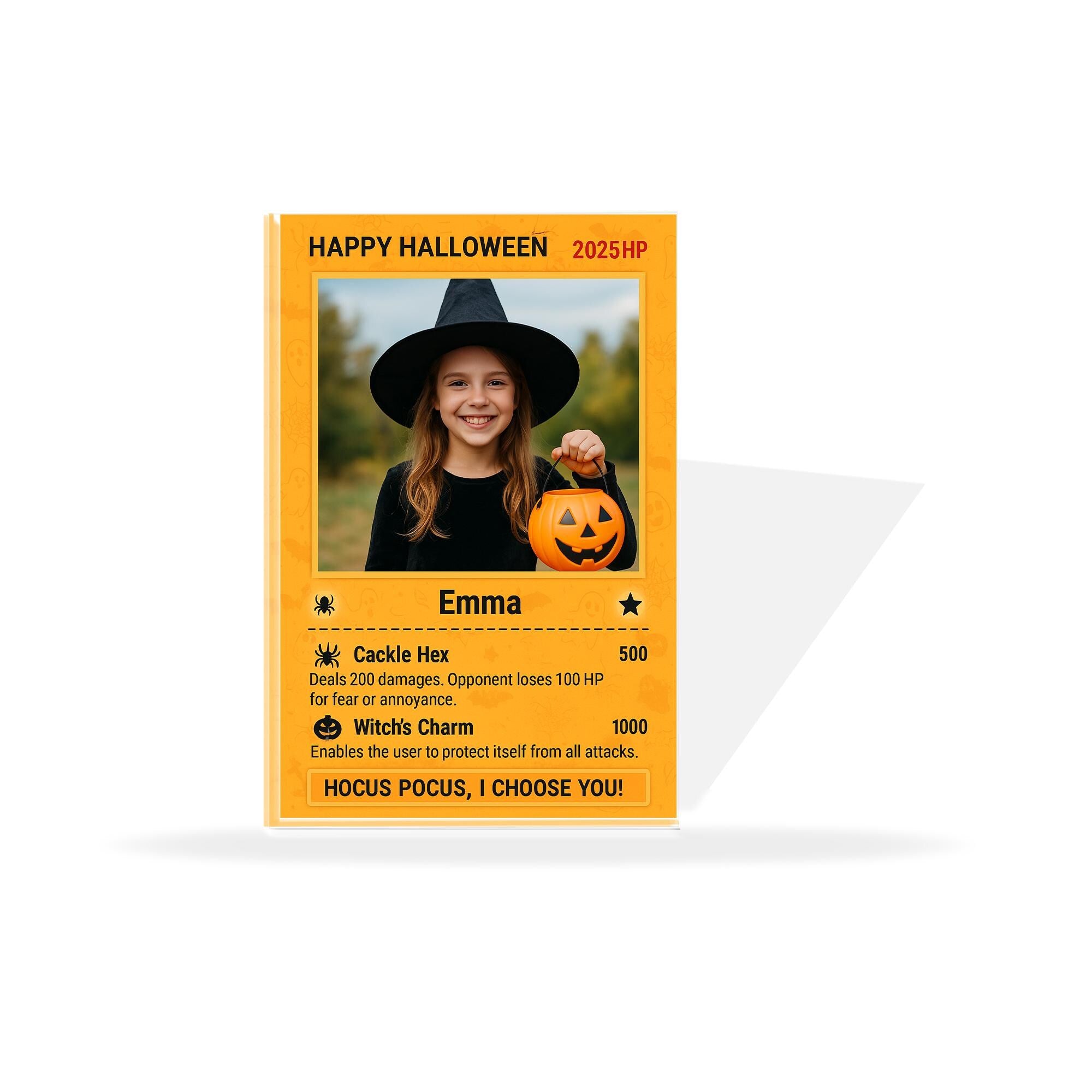 Custom Photo Halloween Card, Personalized Kids Trading Card Game Style Acrylic Block, Spooky Pokémon Inspired Keepsake Gift Decor