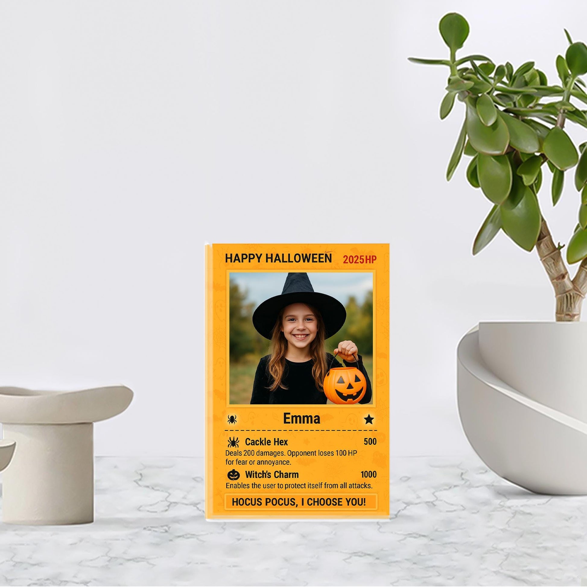 Custom Photo Halloween Card, Personalized Kids Trading Card Game Style Acrylic Block, Spooky Pokémon Inspired Keepsake Gift Decor