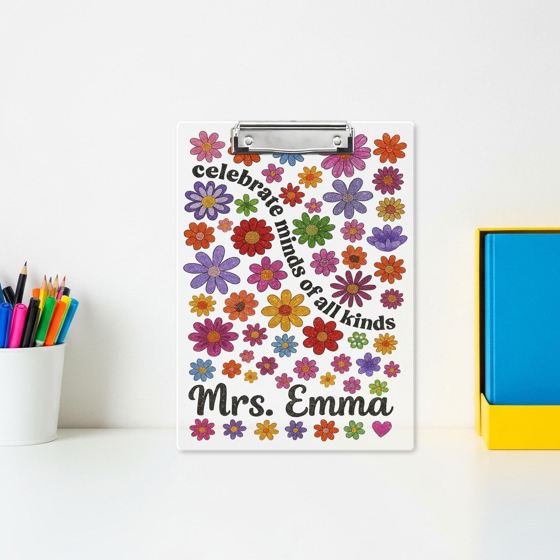 Personalized Teacher Clipboard – Celebrate Minds of All Kinds – Custom Floral Clipboard Gift – Back to School Teacher Name Gift