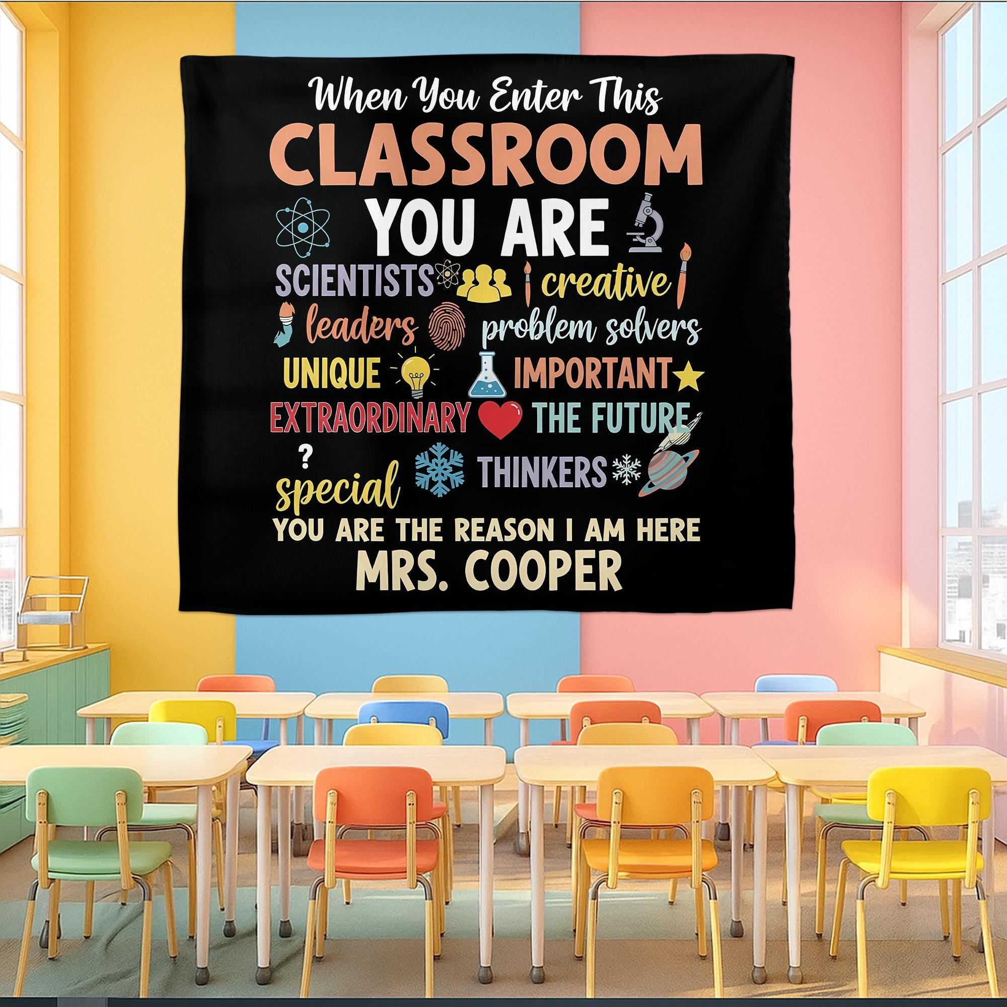 Personalized Classroom Tapestry, Inspirational Teacher Wall Decor, Custom Student Motivation Sign, Back to School Classroom Poster