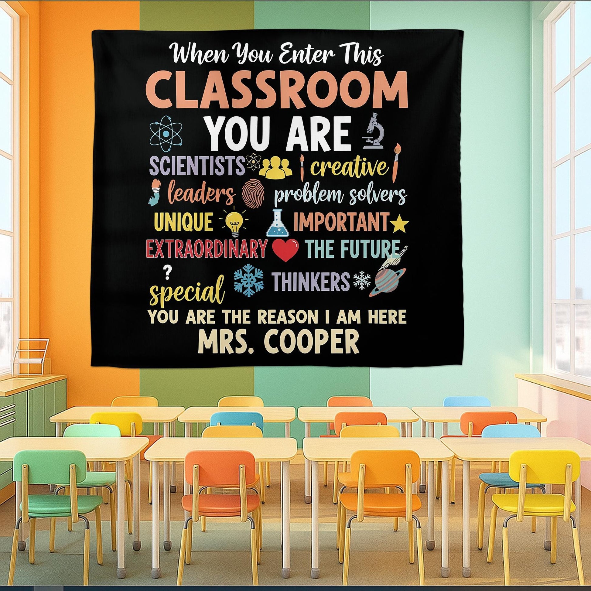 Personalized Classroom Tapestry, Inspirational Teacher Wall Decor, Custom Student Motivation Sign, Back to School Classroom Poster