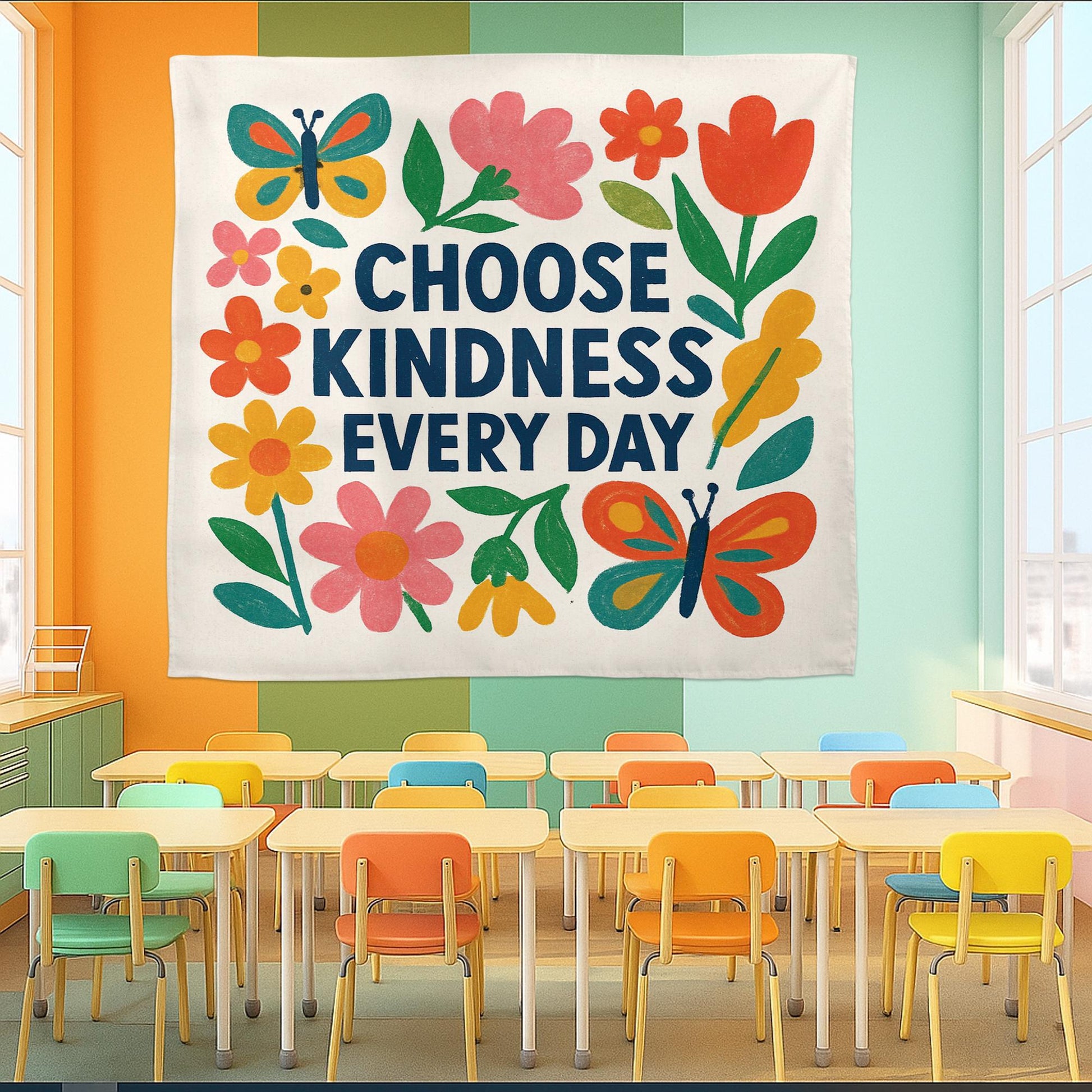 Choose Kindness Every Day Tapestry, Colorful Classroom Wall Decor, Teacher Positivity Banner, Floral School Kindness Poster