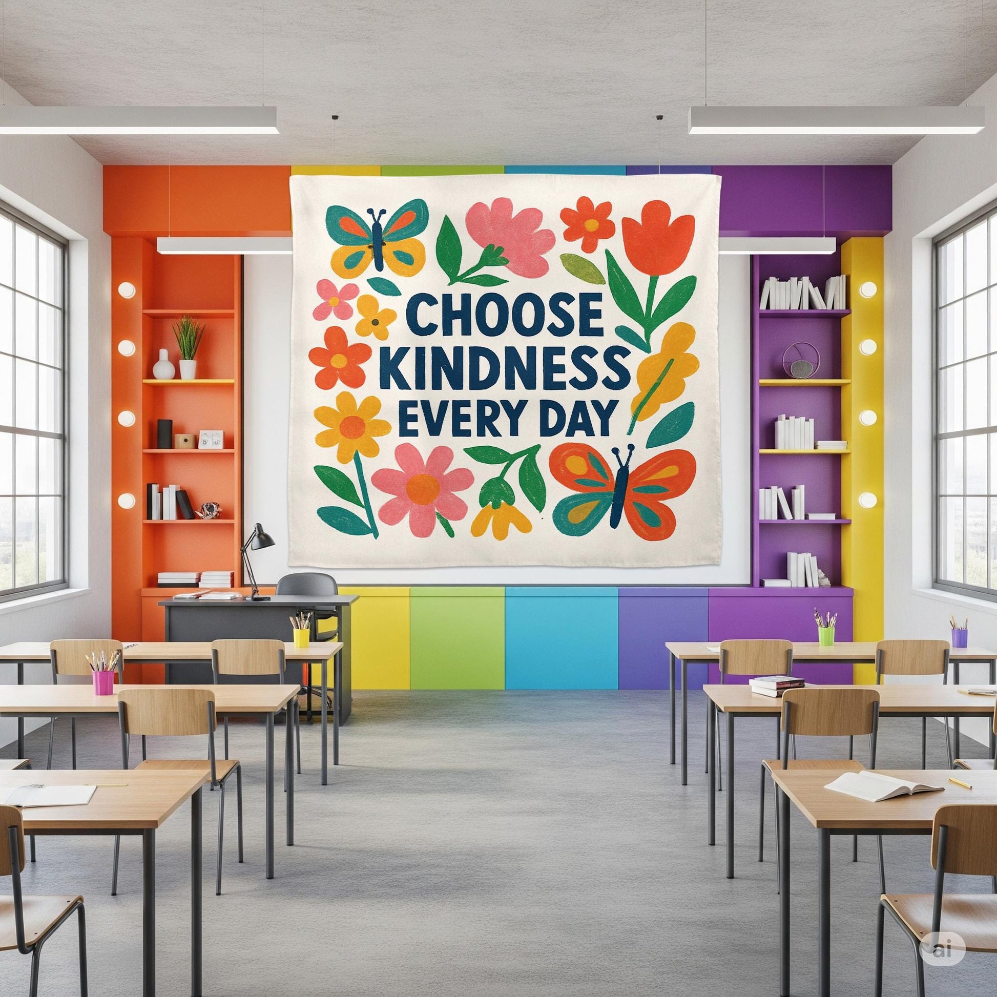 Choose Kindness Every Day Tapestry, Colorful Classroom Wall Decor, Teacher Positivity Banner, Floral School Kindness Poster