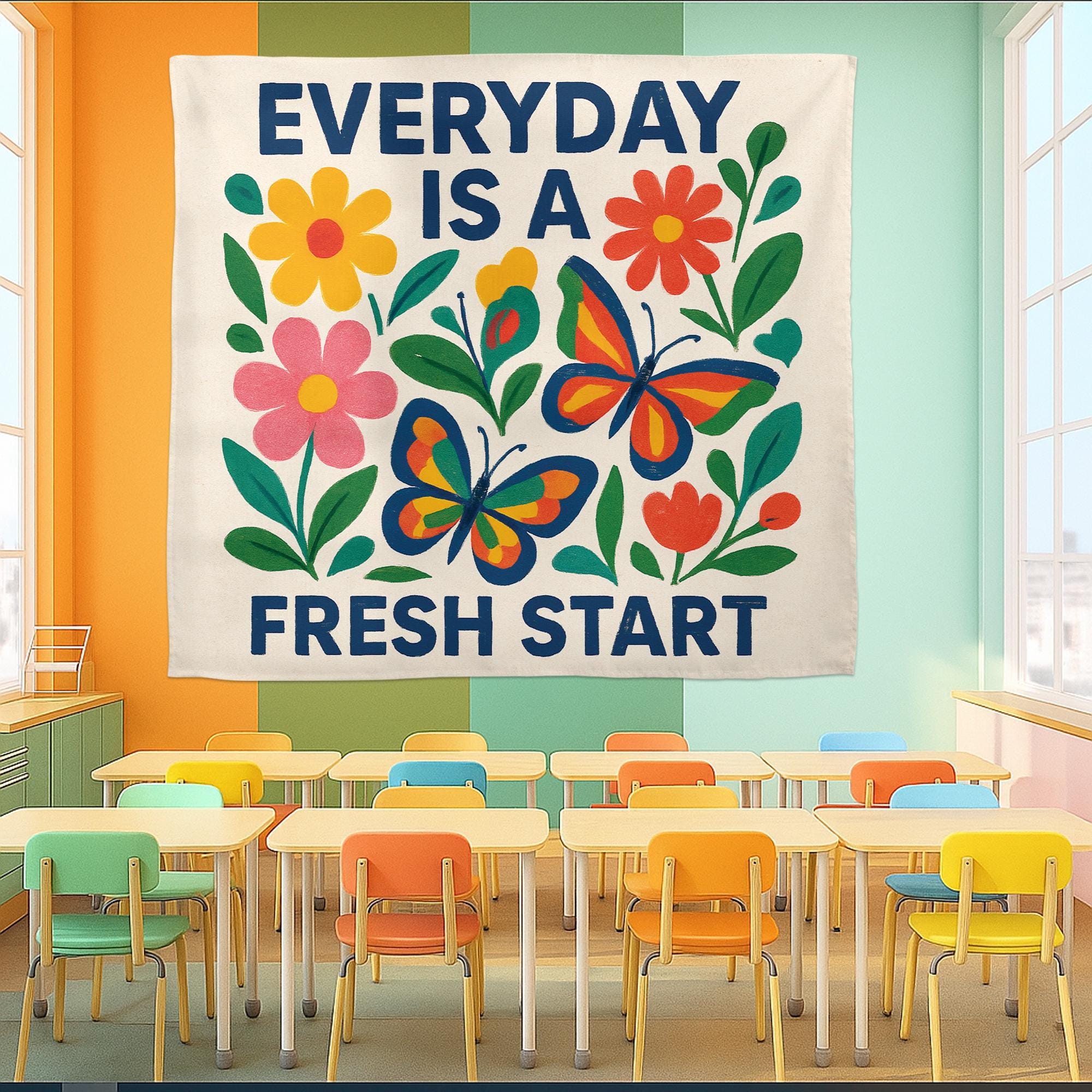Everyday Is a Fresh Start Tapestry, Motivational Classroom Wall Decor, Positive Teacher Banner, Floral School Encouragement Sign