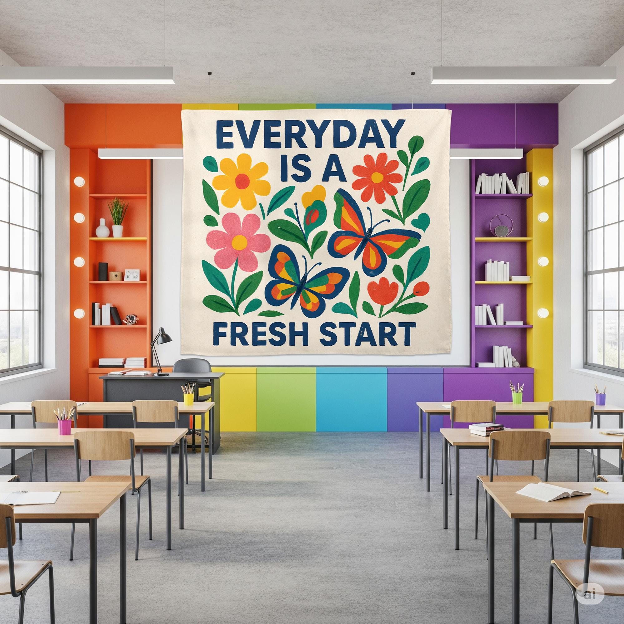 Everyday Is a Fresh Start Tapestry, Motivational Classroom Wall Decor, Positive Teacher Banner, Floral School Encouragement Sign